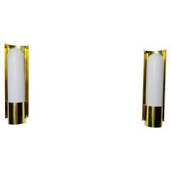 Pair of Brass and Opaline Glass Wall Lamps by Glashütte Limburg, 1960s