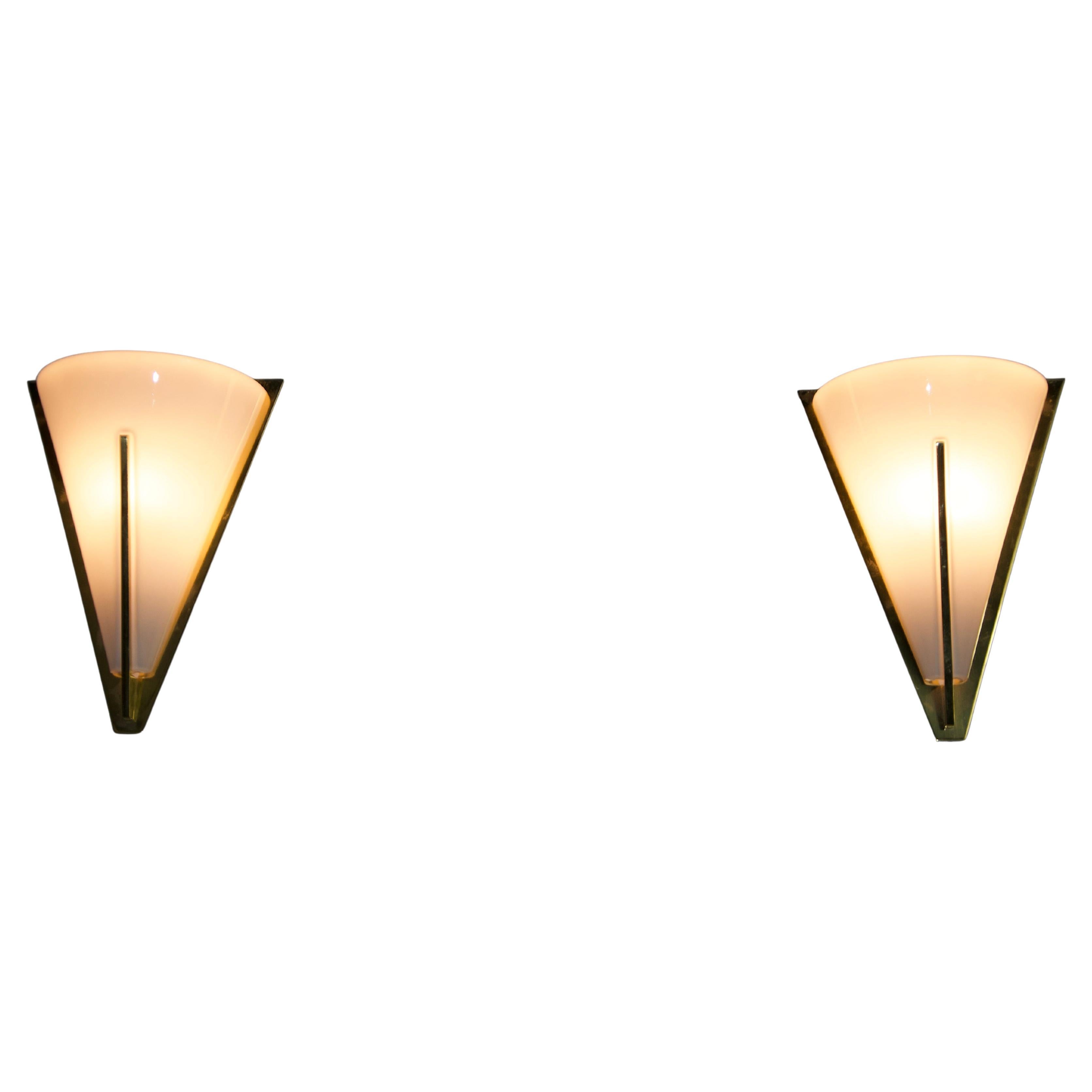 Pair of Brass and Opaline Glass Wall Lamps by Glashütte Limburg, 1960s