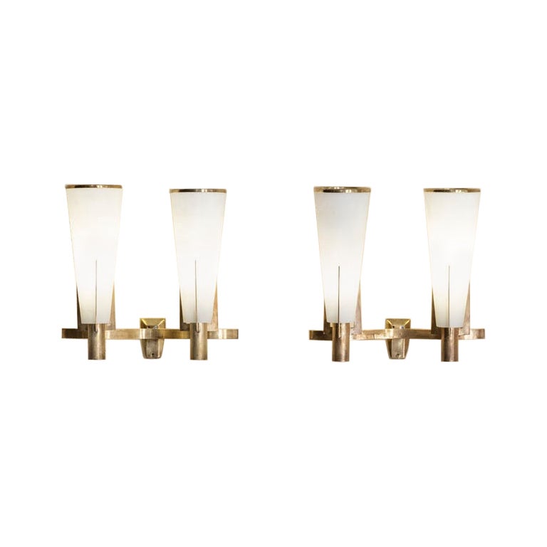 Pair of brass and opaline glass wall lamps by Stilnovo, Italy 1955