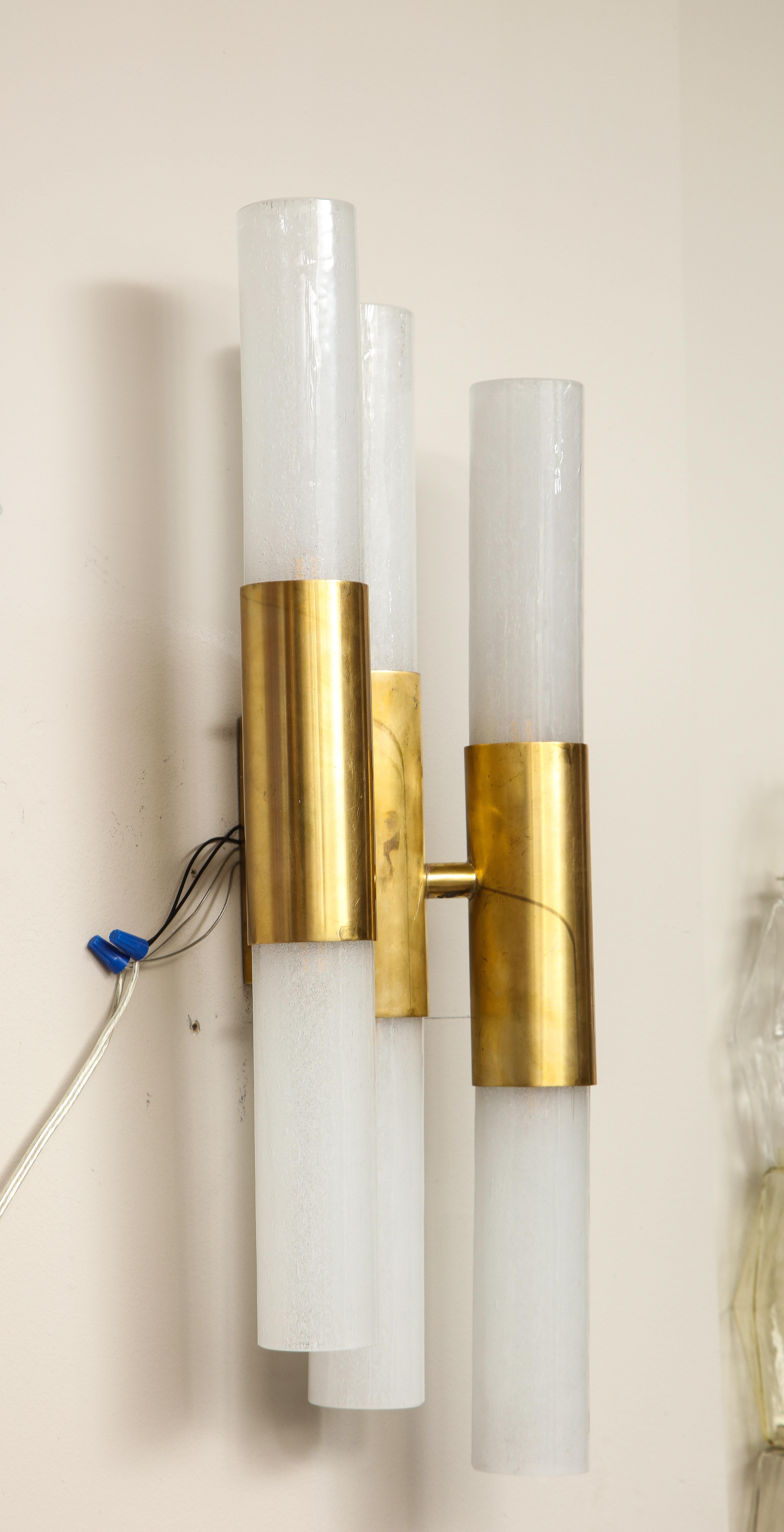 Contemporary Pair of Brass and Opaline Glass Wall Sconces For Sale