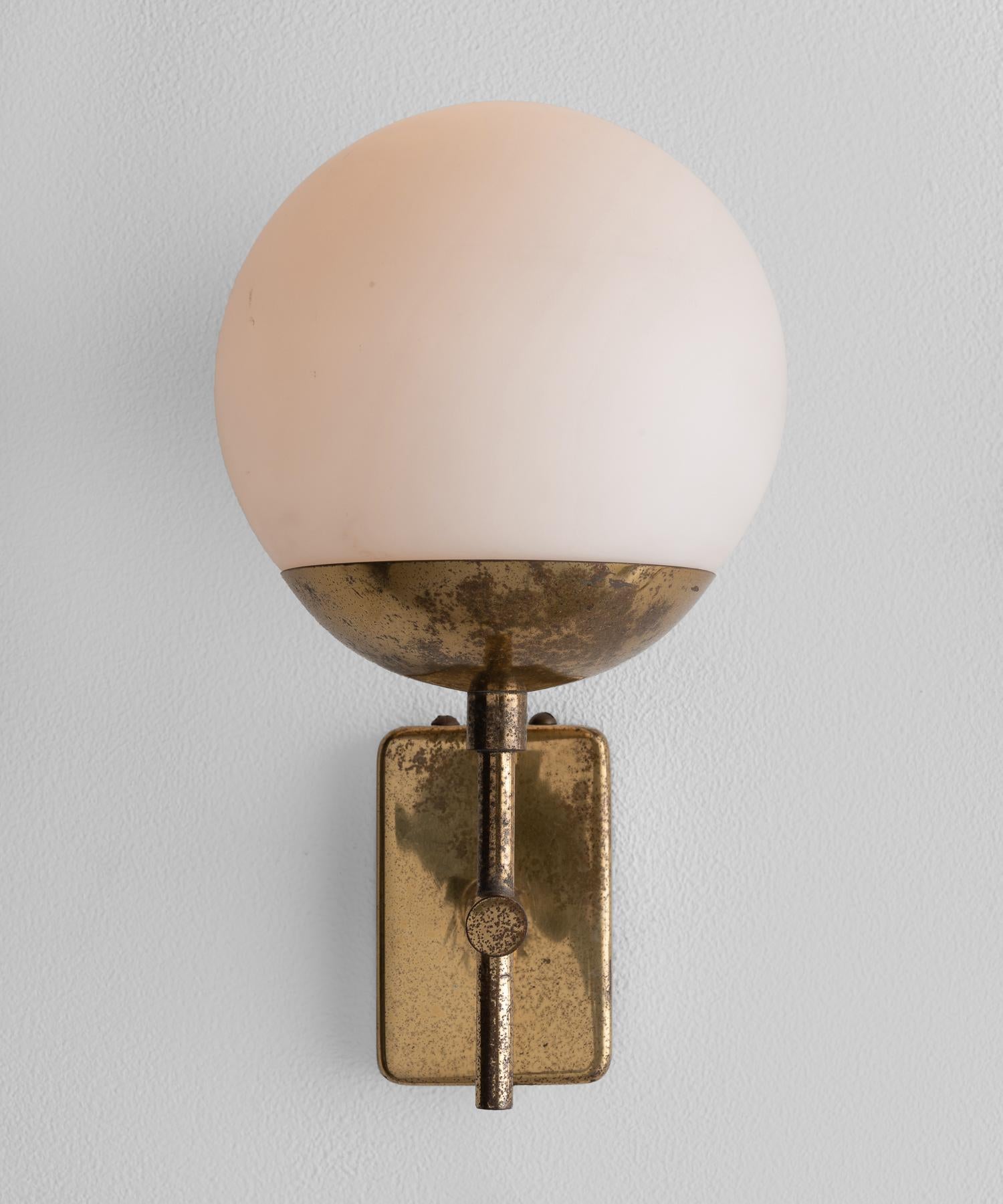 Modern Pair of Brass and Opaline Globe Sconces, Italy, circa 1960