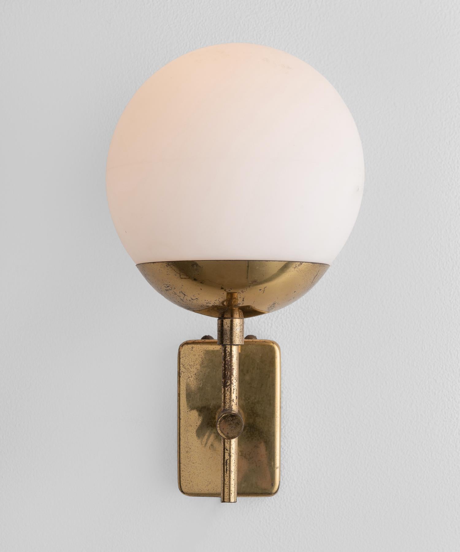 Pair of Brass and Opaline Globe Sconces, Italy, circa 1960 In Good Condition In Culver City, CA