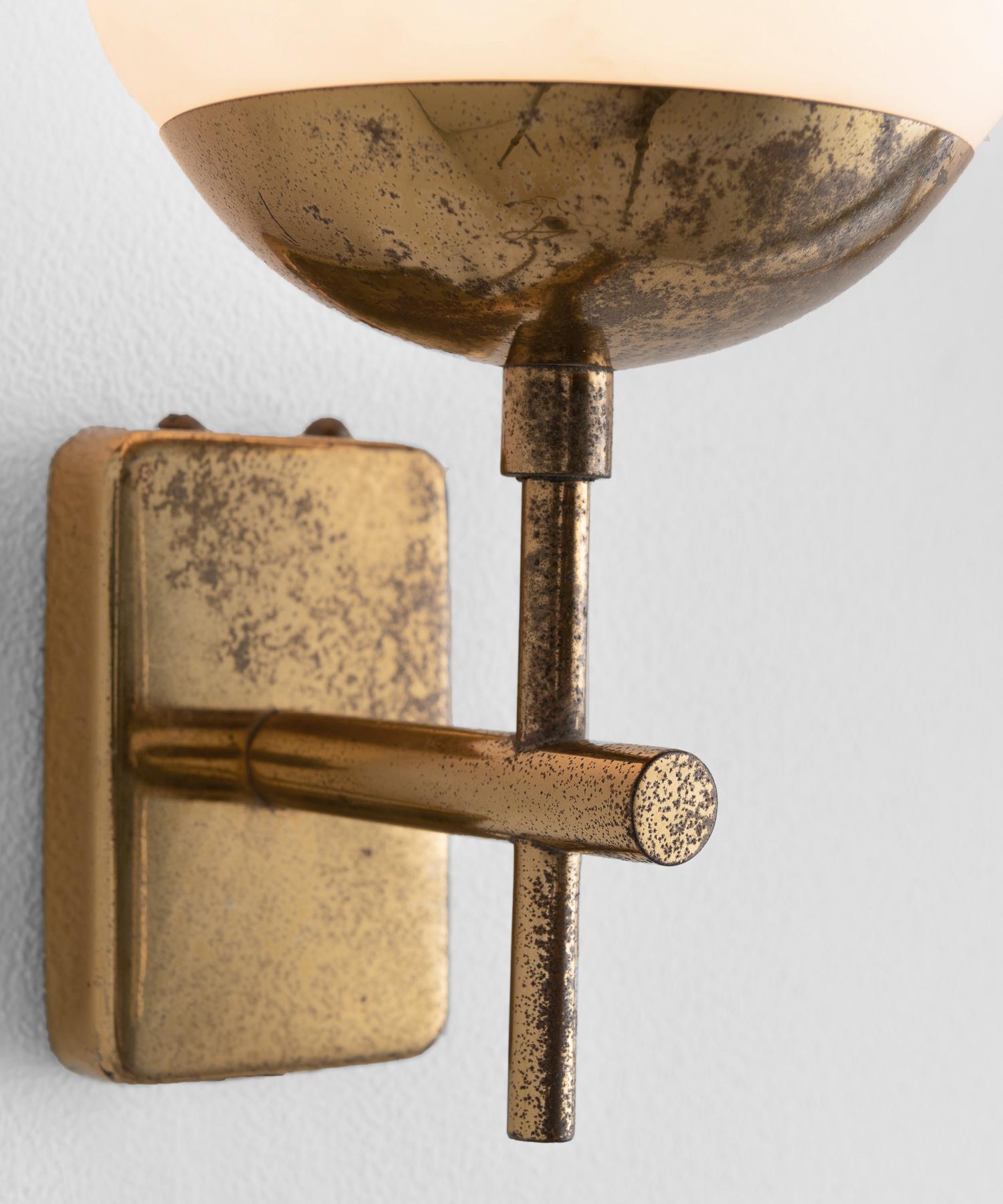 Mid-20th Century Pair of Brass and Opaline Globe Sconces, Italy, circa 1960