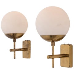 Pair of Brass and Opaline Globe Sconces, Italy, circa 1960