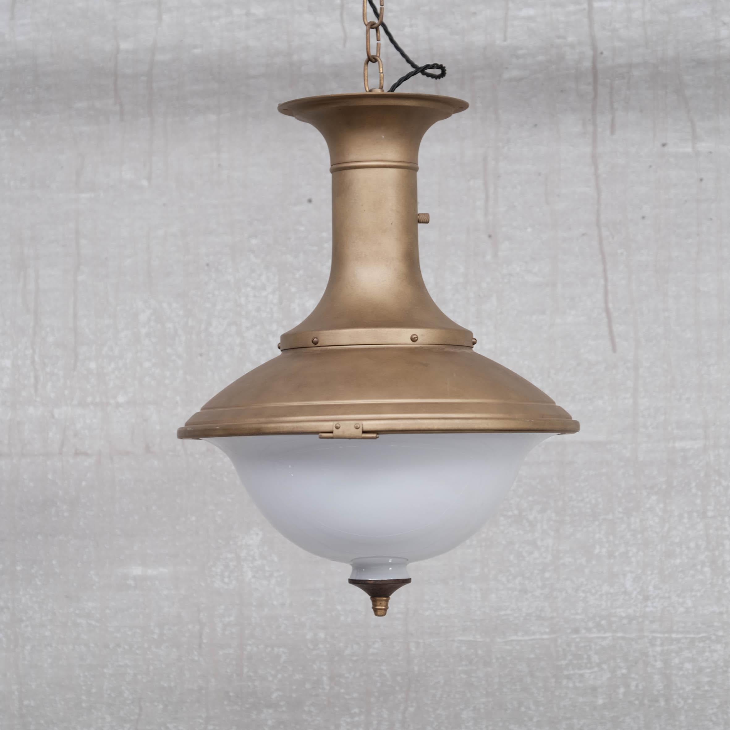 Dutch Pair of Brass and Opaline Large Pendant Lights For Sale