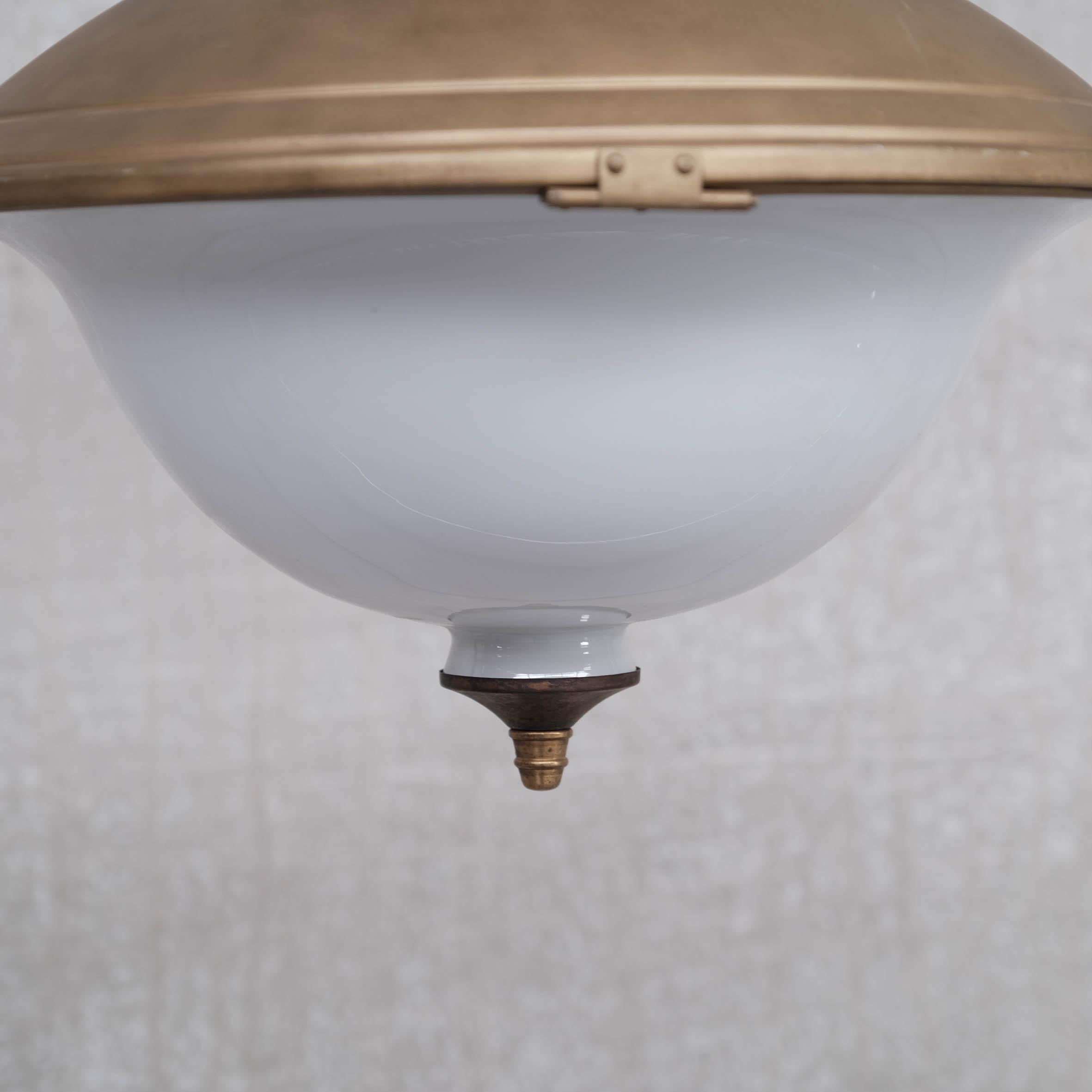 Pair of Brass and Opaline Large Pendant Lights In Good Condition For Sale In London, GB
