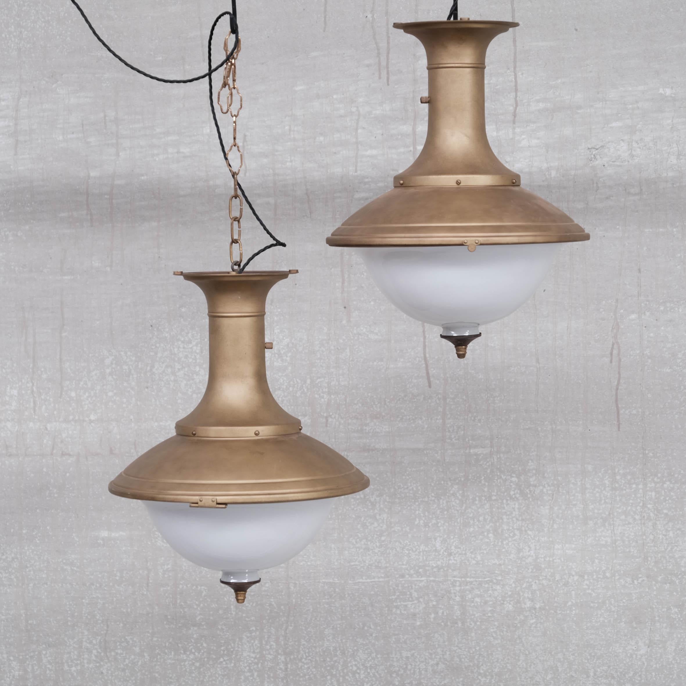 Pair of Brass and Opaline Large Pendant Lights For Sale 2