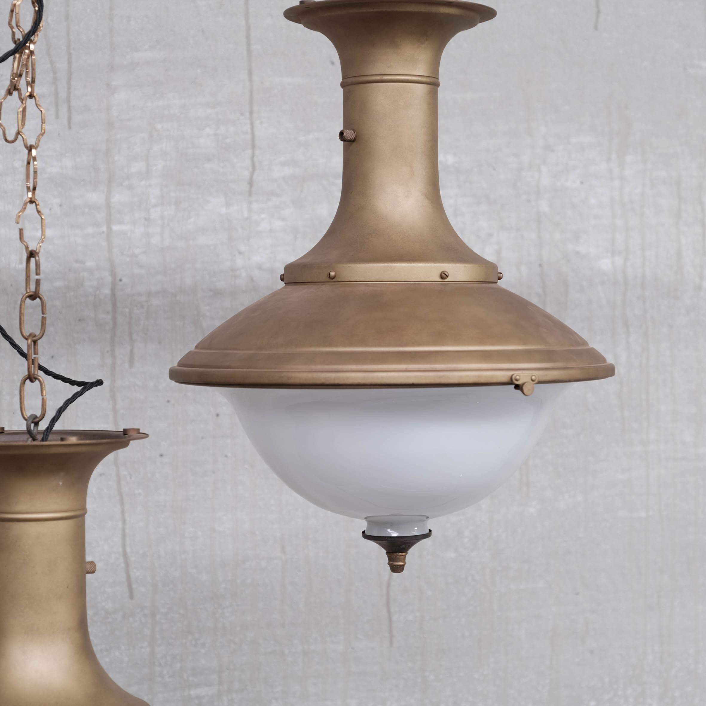 Pair of Brass and Opaline Large Pendant Lights For Sale 3