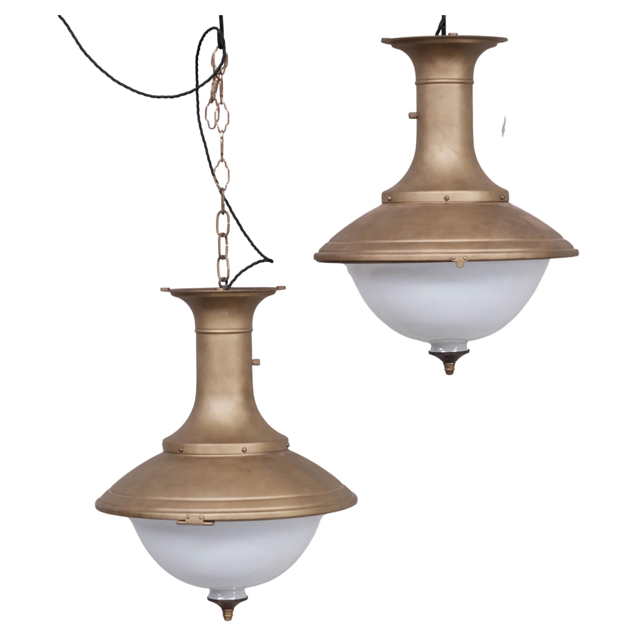 Pair of Brass and Opaline Large Pendant Lights For Sale