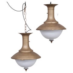 Retro Pair of Brass and Opaline Large Pendant Lights