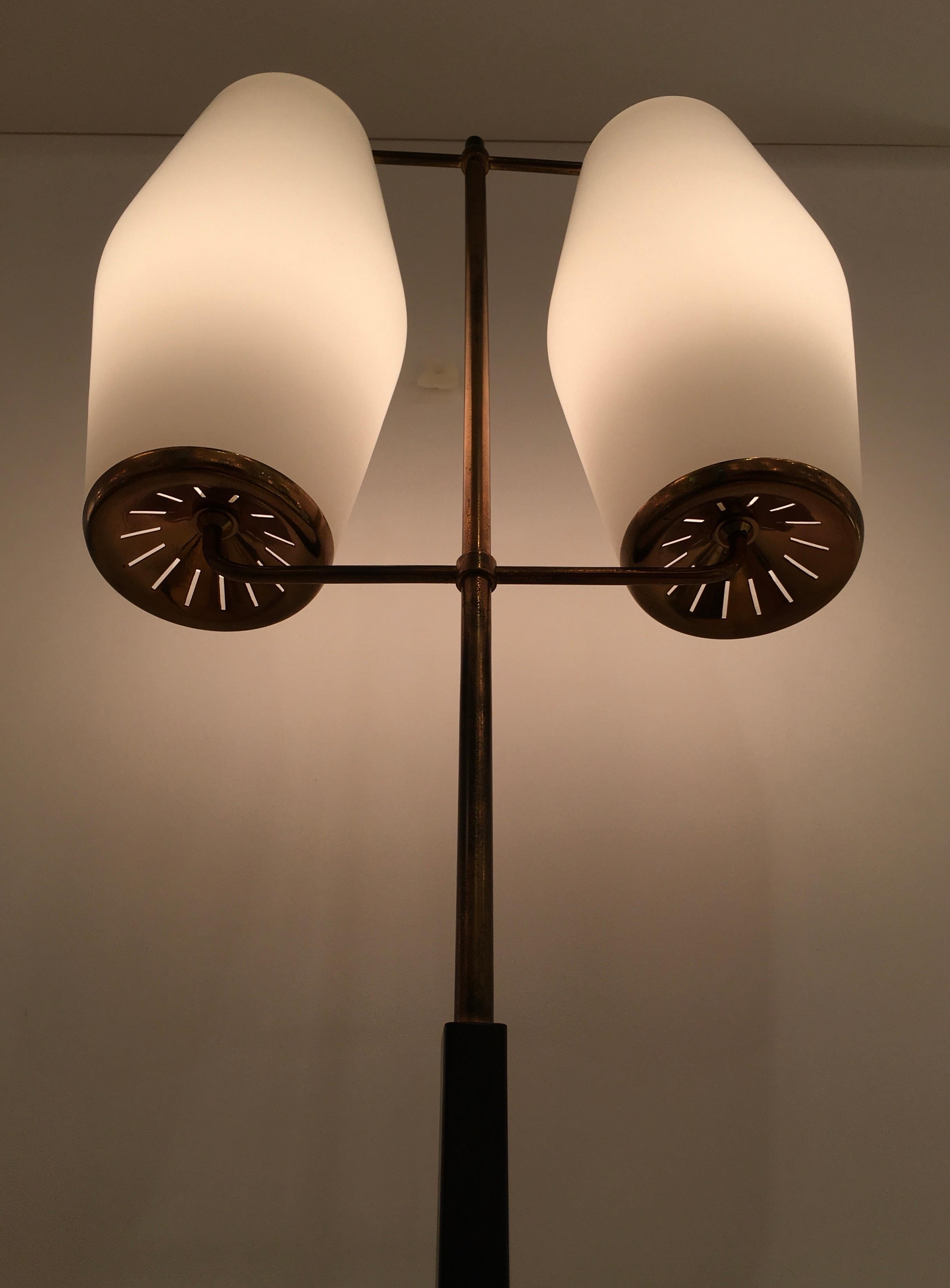 Mid-Century Modern Pair of Brass and Opaline Midcentury Floor Lamps by Stilnovo, Italy, circa 1950