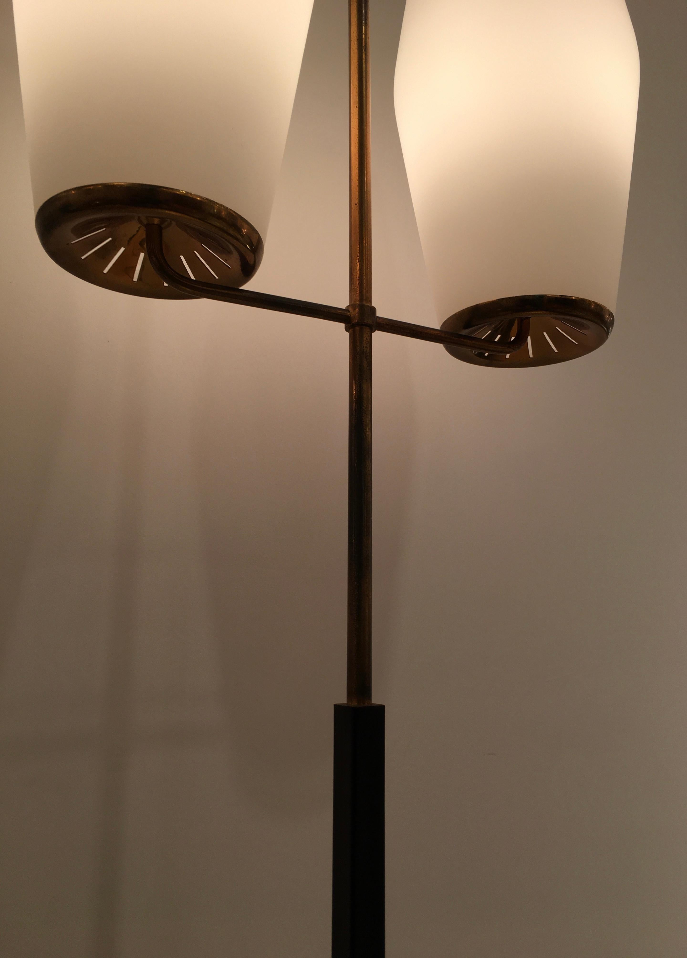 Mid-20th Century Pair of Brass and Opaline Midcentury Floor Lamps by Stilnovo, Italy, circa 1950