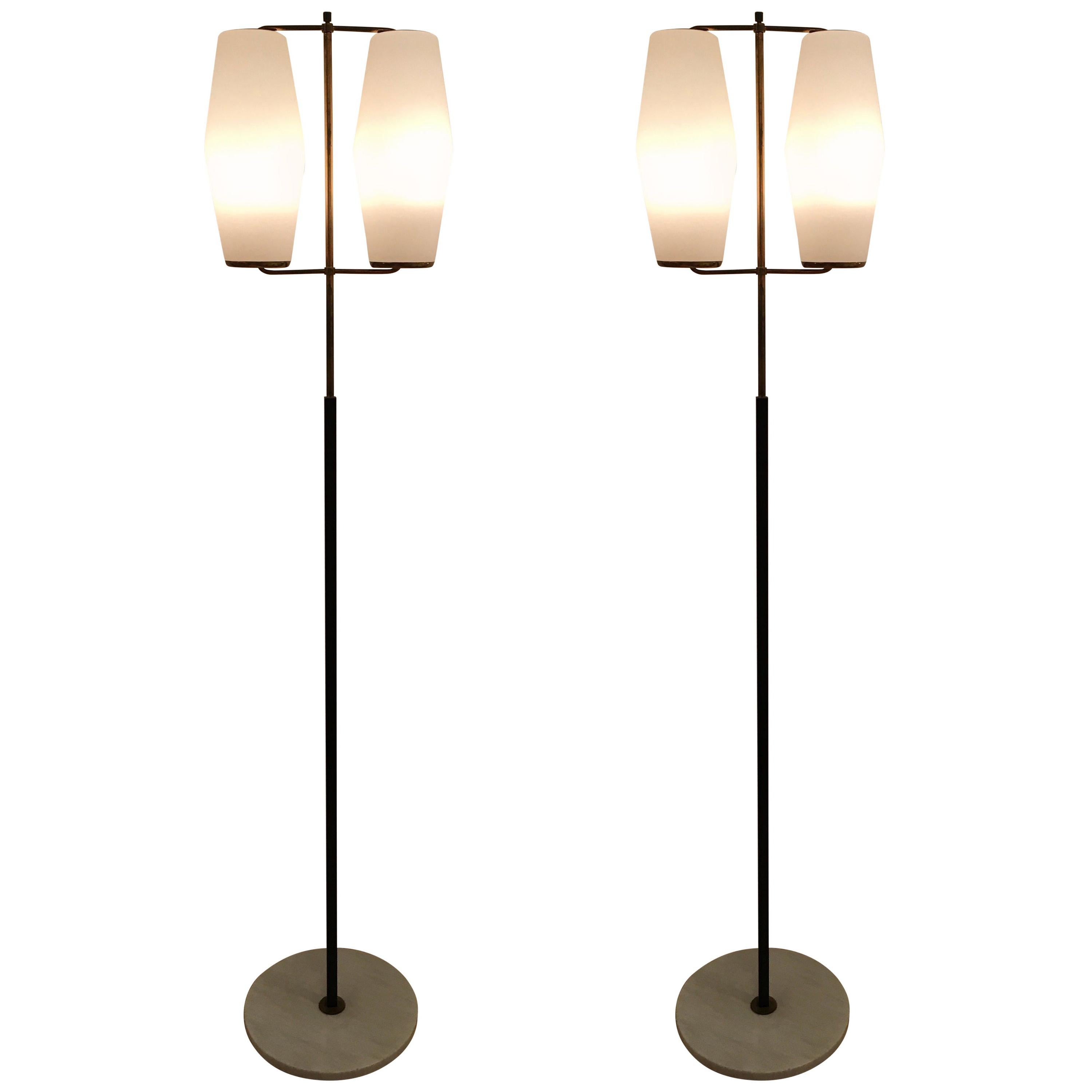 Pair of Brass and Opaline Midcentury Floor Lamps by Stilnovo, Italy, circa 1950