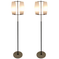 Pair of Brass and Opaline Midcentury Floor Lamps by Stilnovo, Italy, circa 1950