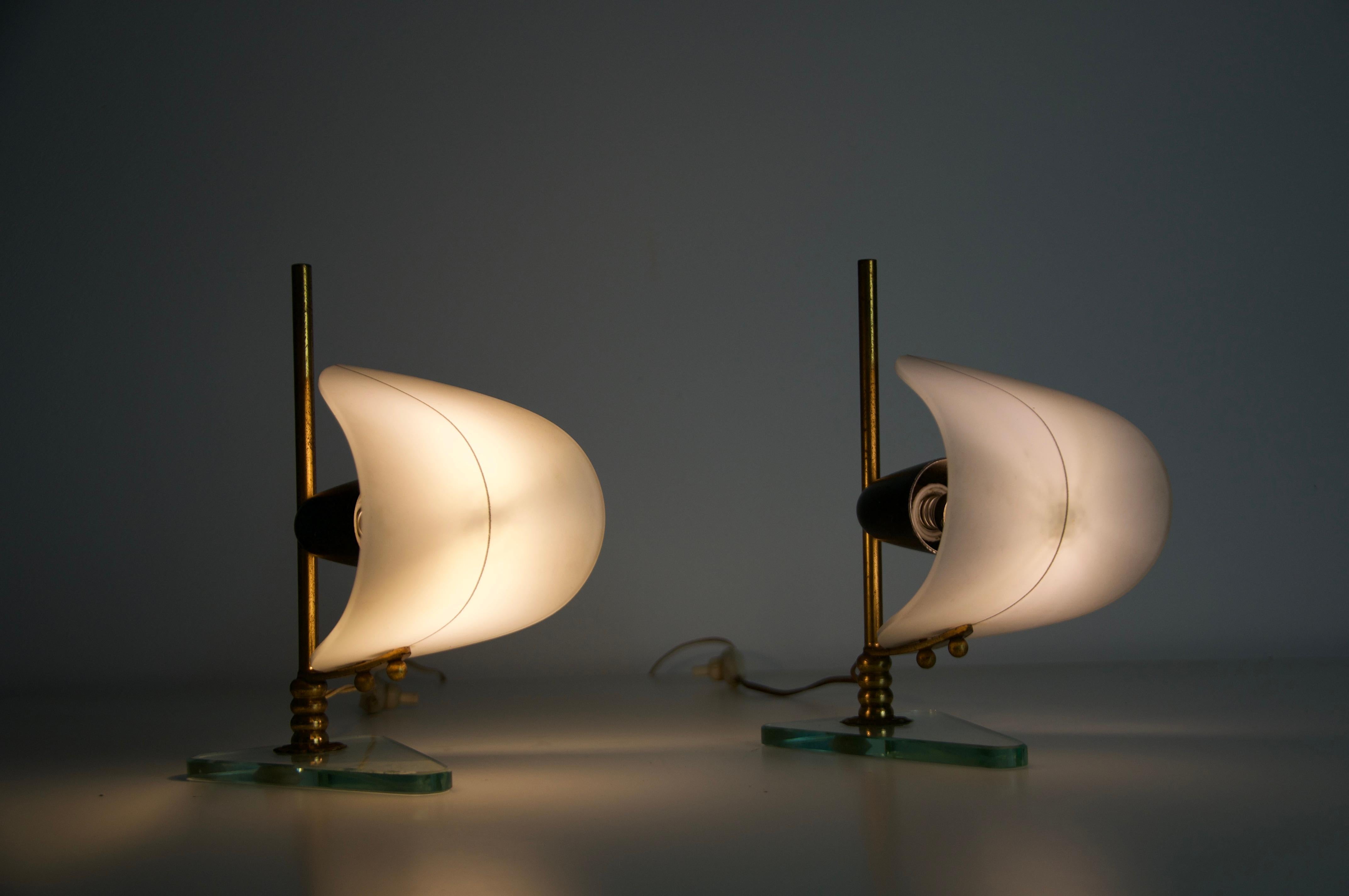 Mid-Century Modern Pair of Brass and Opaline 