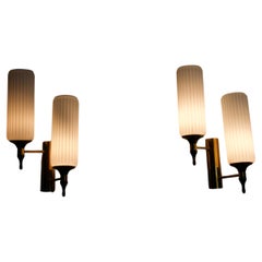 Pair of Brass and Opaline Wall Lamps by Stilnovo, Italy, 1960s