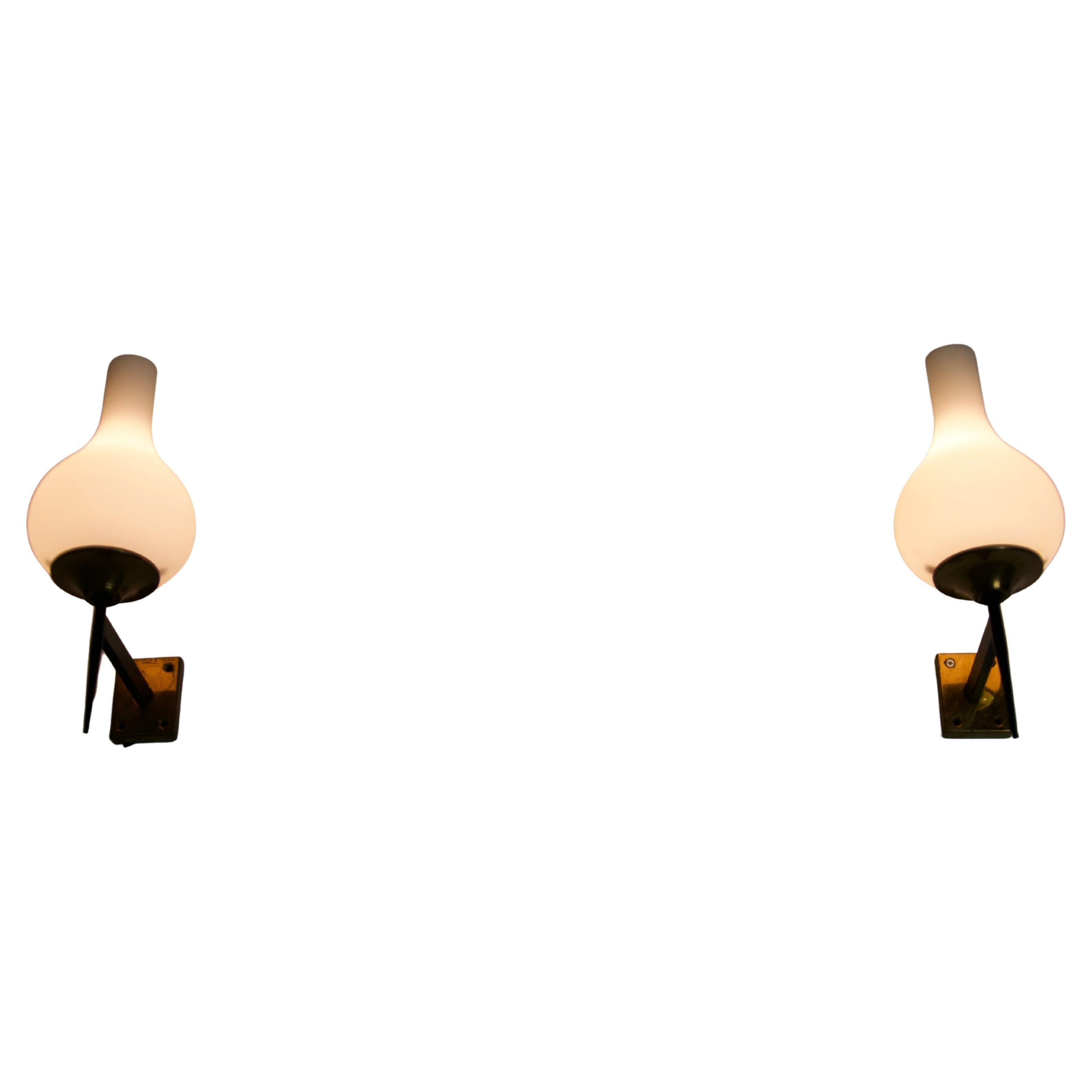 Pair of Brass and Opaline Wall Lamps by Stilnovo, Italy, 1960s
