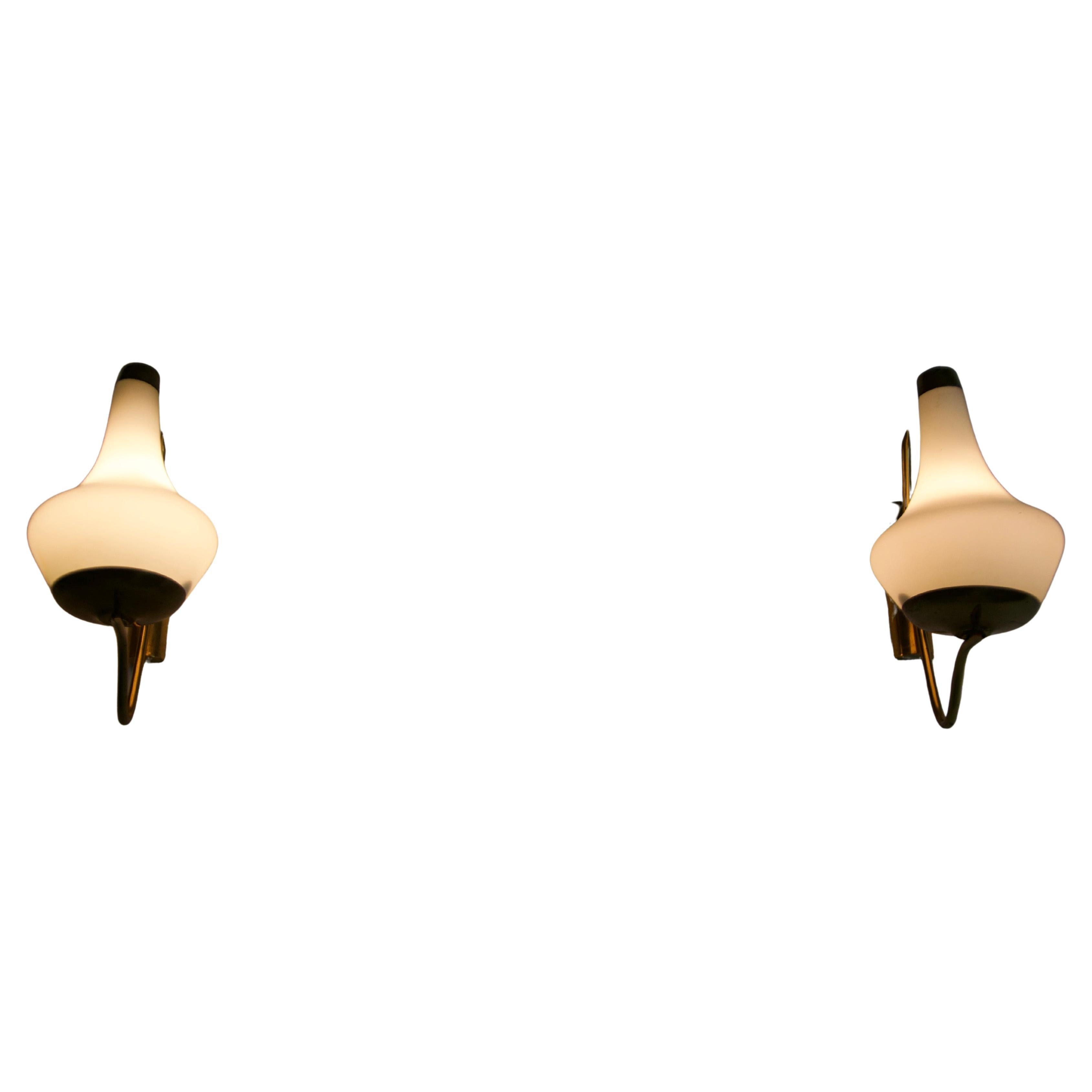 Pair of Brass and Opaline Wall Lamps by Stilnovo, Italy, 1960s