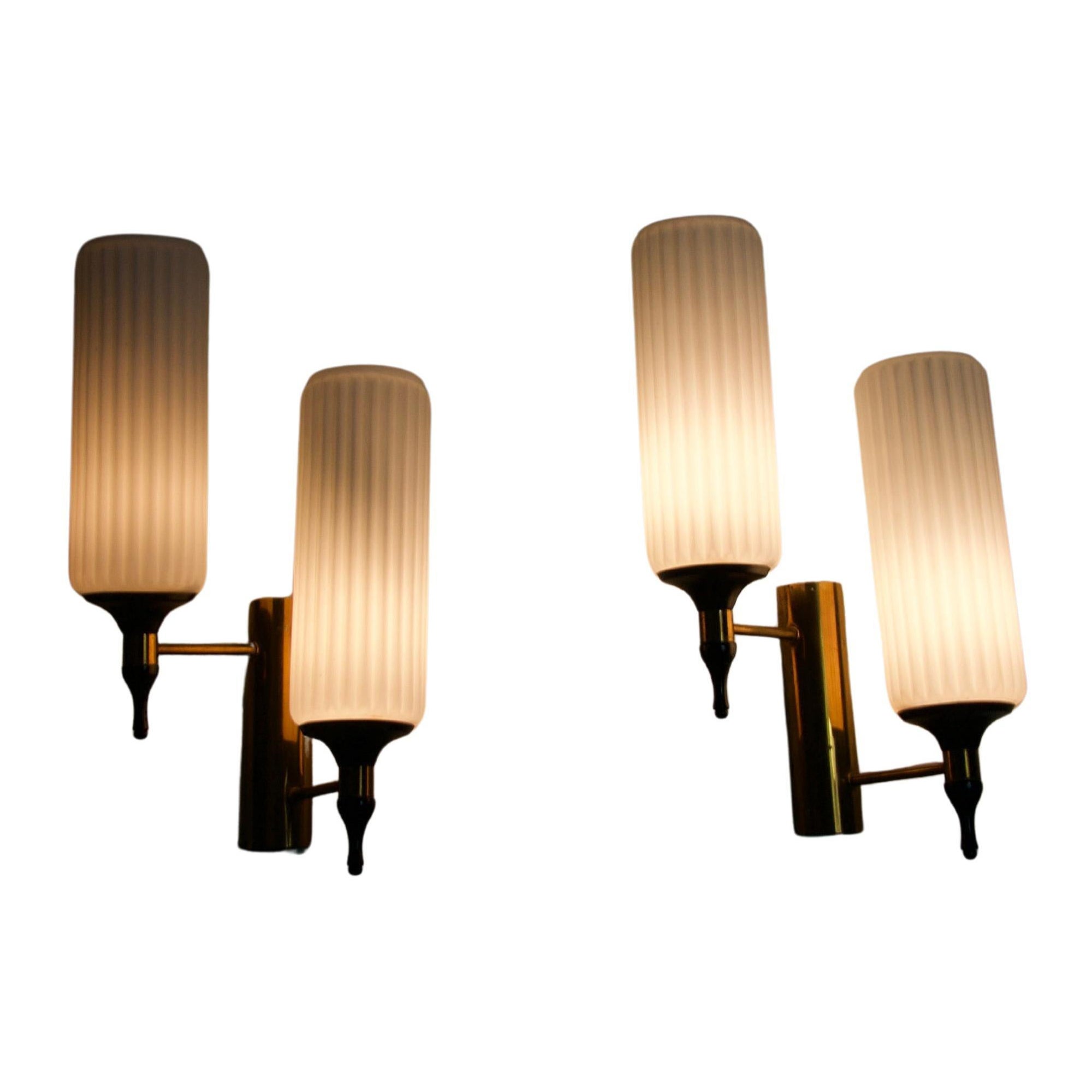 Pair of Brass and Opaline Wall Lamps, Italy, 1960s