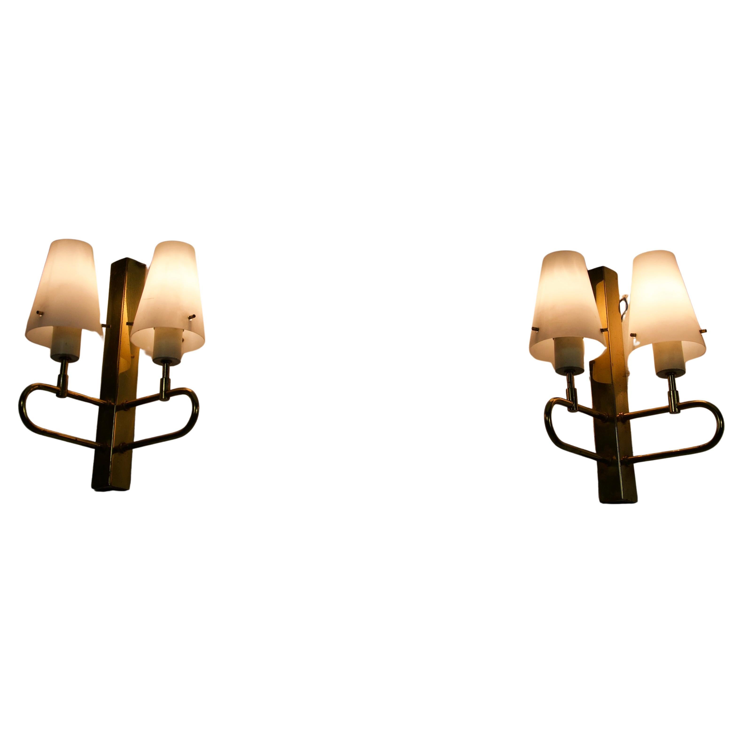 Pair of Brass and Opaline Wall Lamps, Italy, 1960s