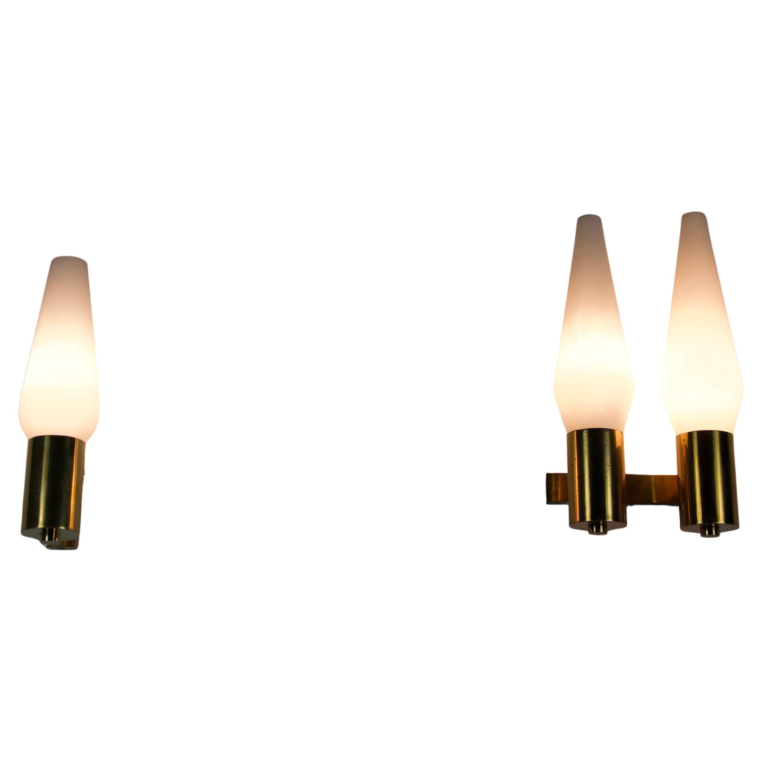 Pair of Brass and Opaline Wall Lamps, Italy, 1960s