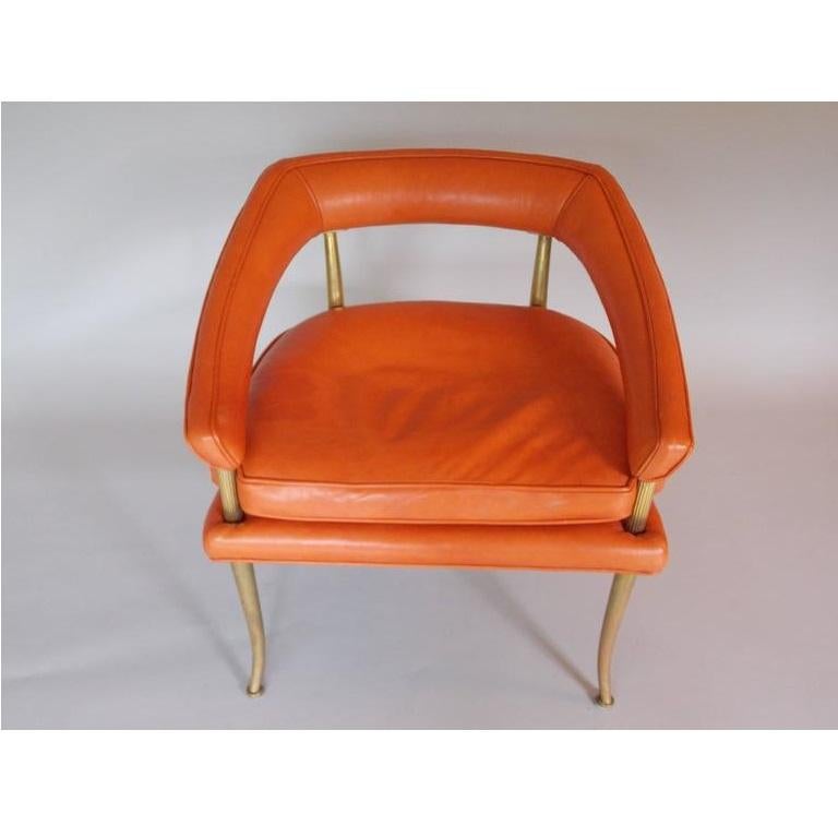 Hollywood Regency Pair of Brass and Orange Leather Armchairs by William Billy Haines