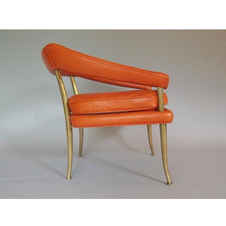 Pair of Brass and Orange Leather Armchairs by William Billy Haines In Good Condition In Dallas, TX