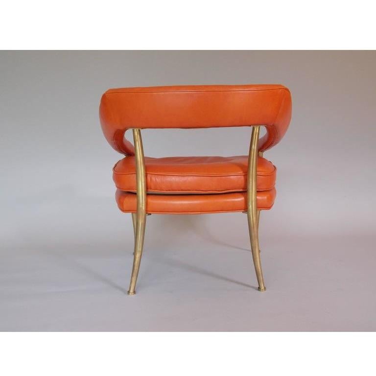 Pair of Brass and Orange Leather Armchairs by William Billy Haines 1