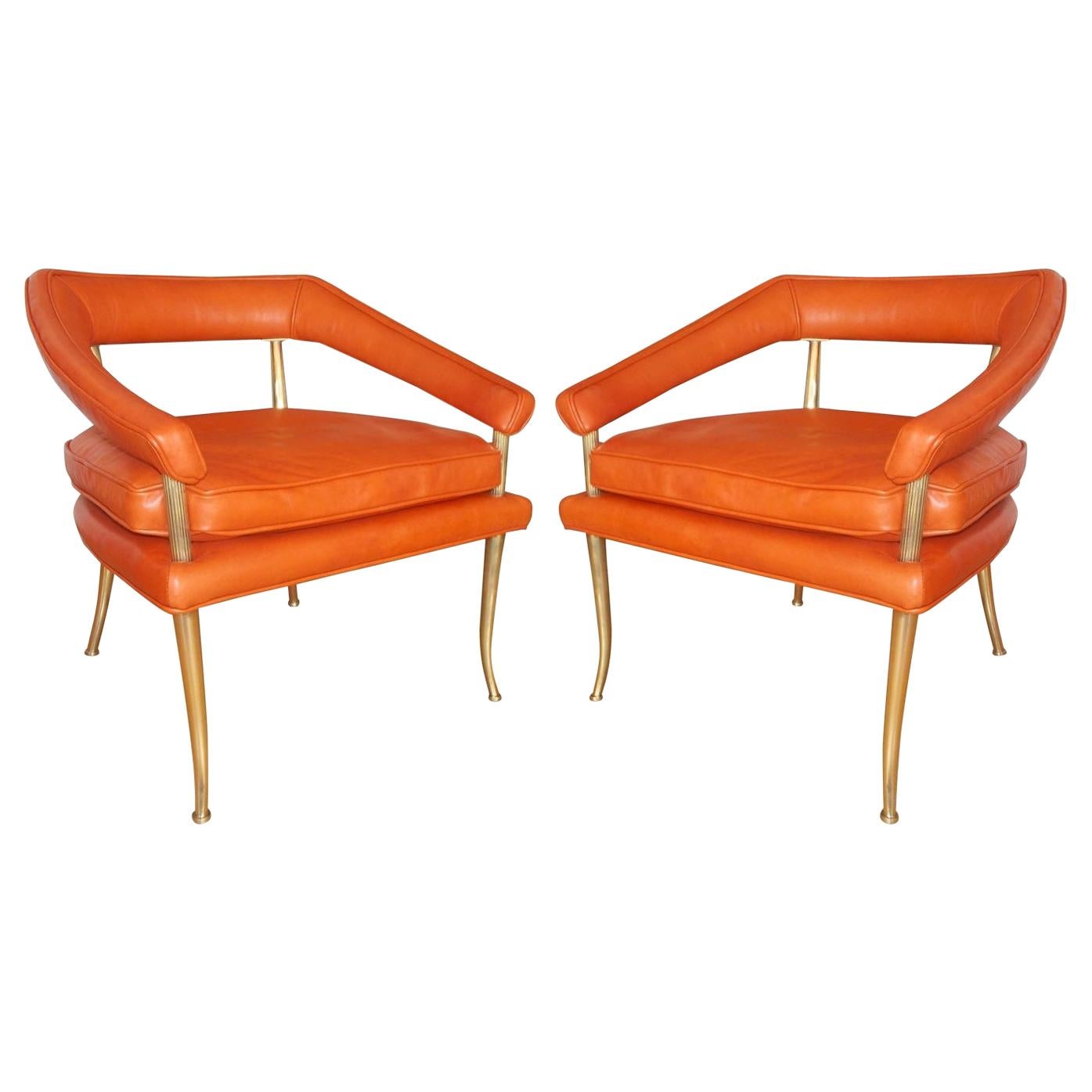 Pair of Brass and Orange Leather Armchairs by William Billy Haines