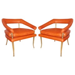 Pair of Brass and Orange Leather Armchairs by William Billy Haines