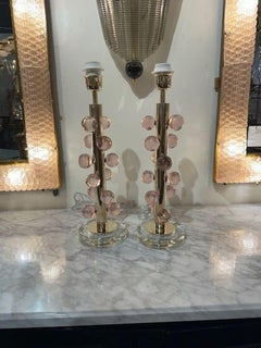 Pair of Brass and Pink Glass Ball Form Lamps