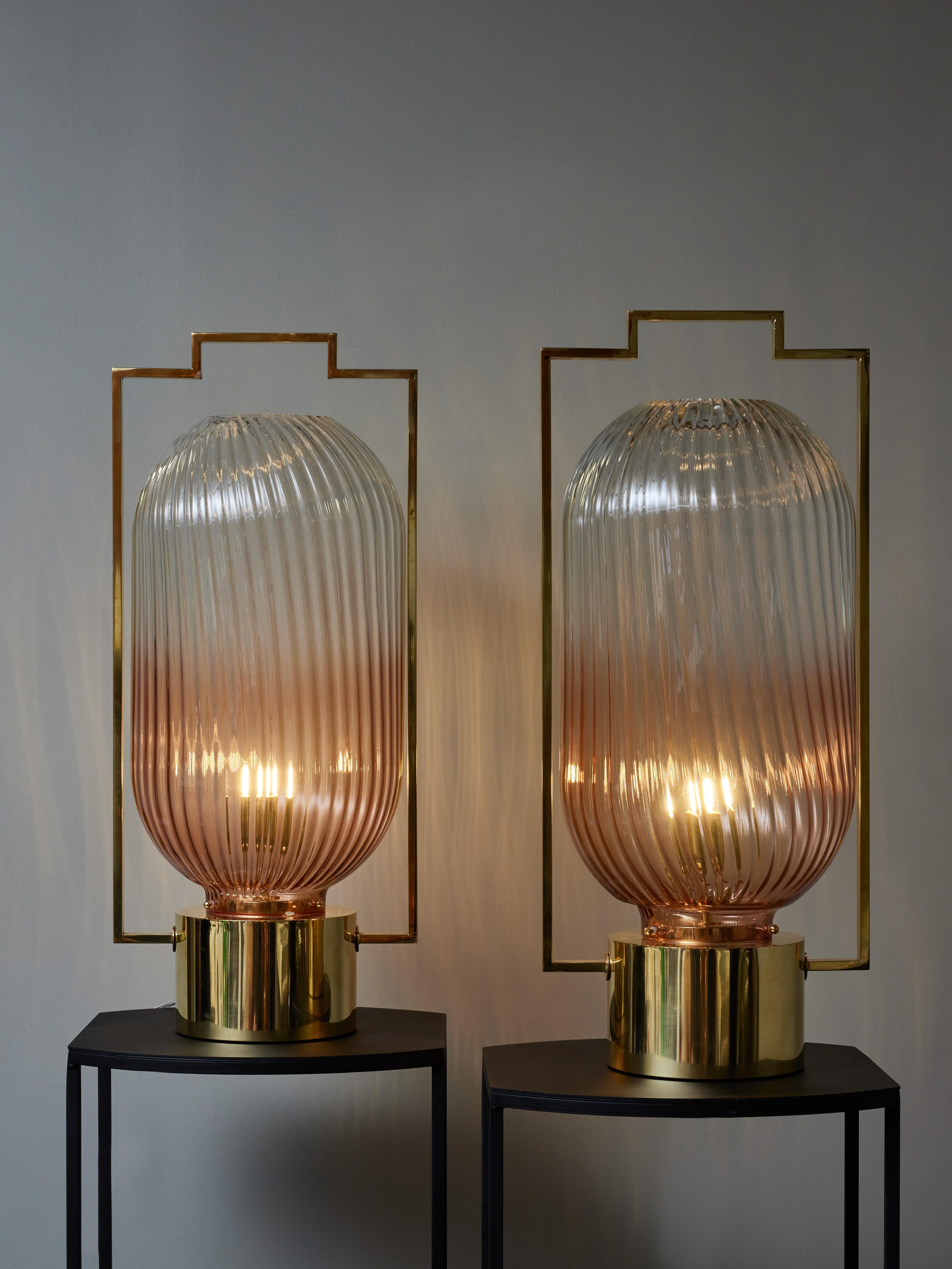 Modern Pair of Brass and Pink Murano Glass Lantern Style Table Lamps For Sale