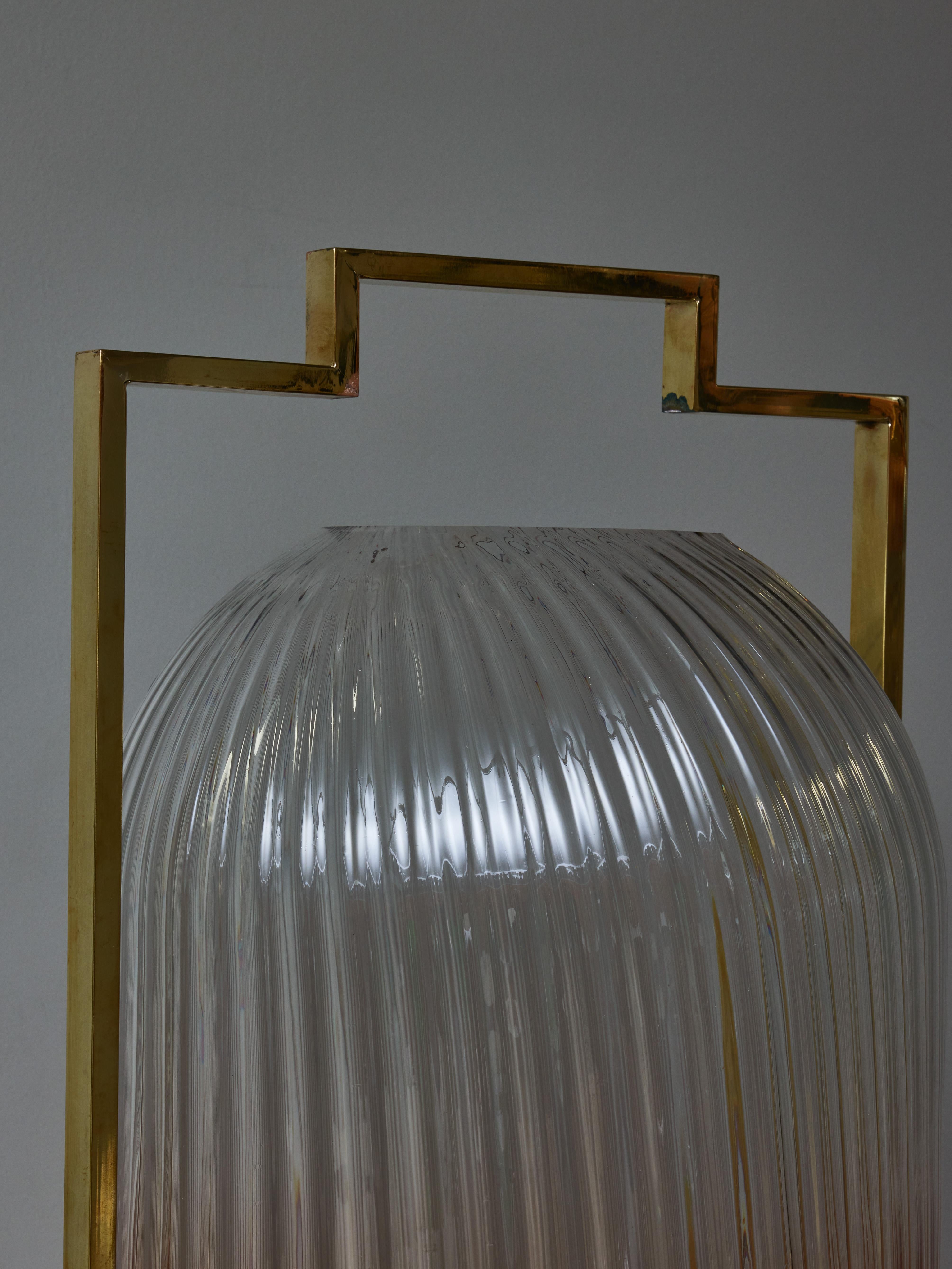 Italian Pair of Brass and Pink Murano Glass Lantern Style Table Lamps For Sale
