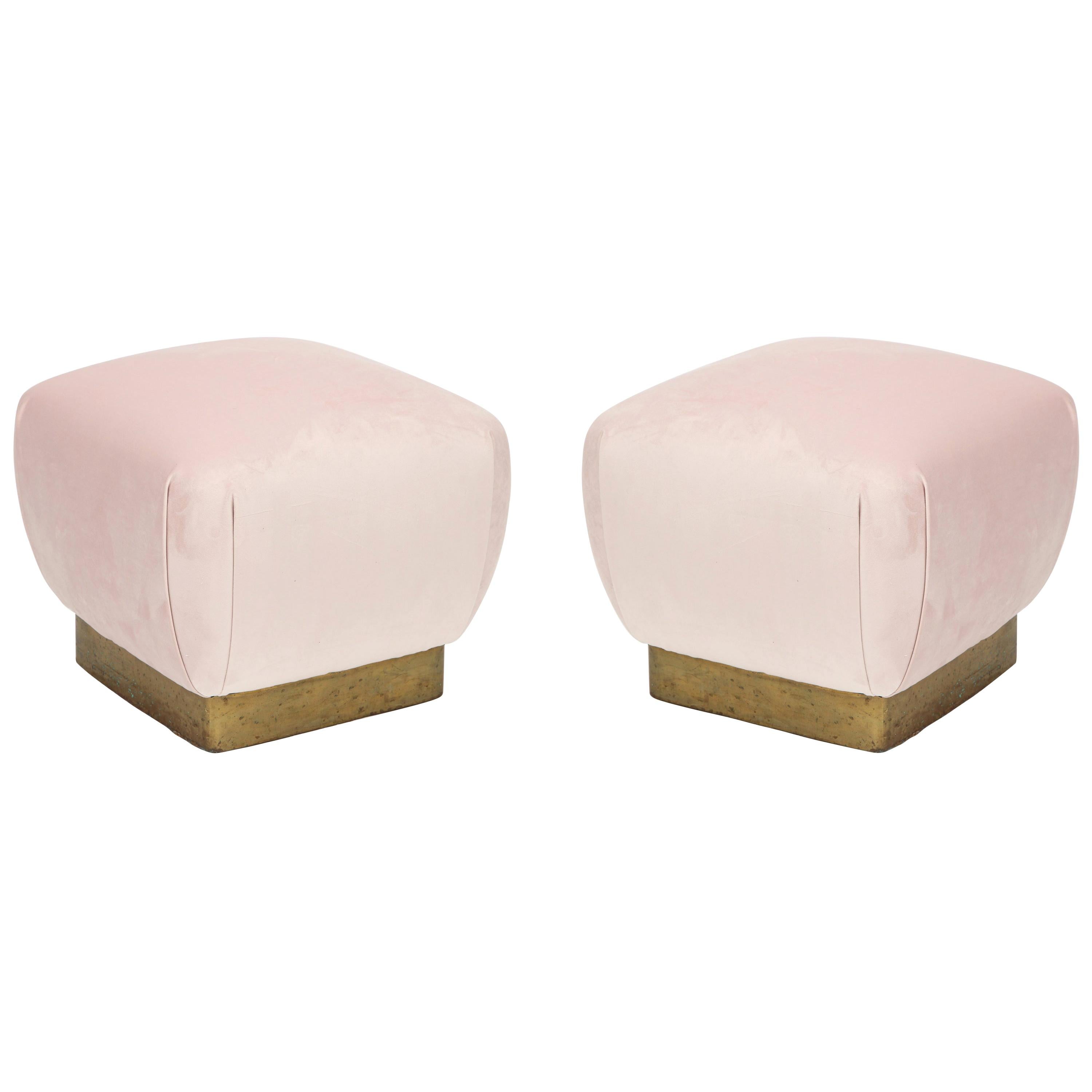 Pair of Brass and Pink Pouf's Ottoman's, 1970s For Sale