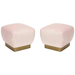 Pair of Brass and Pink Pouf's Ottoman's, 1970s