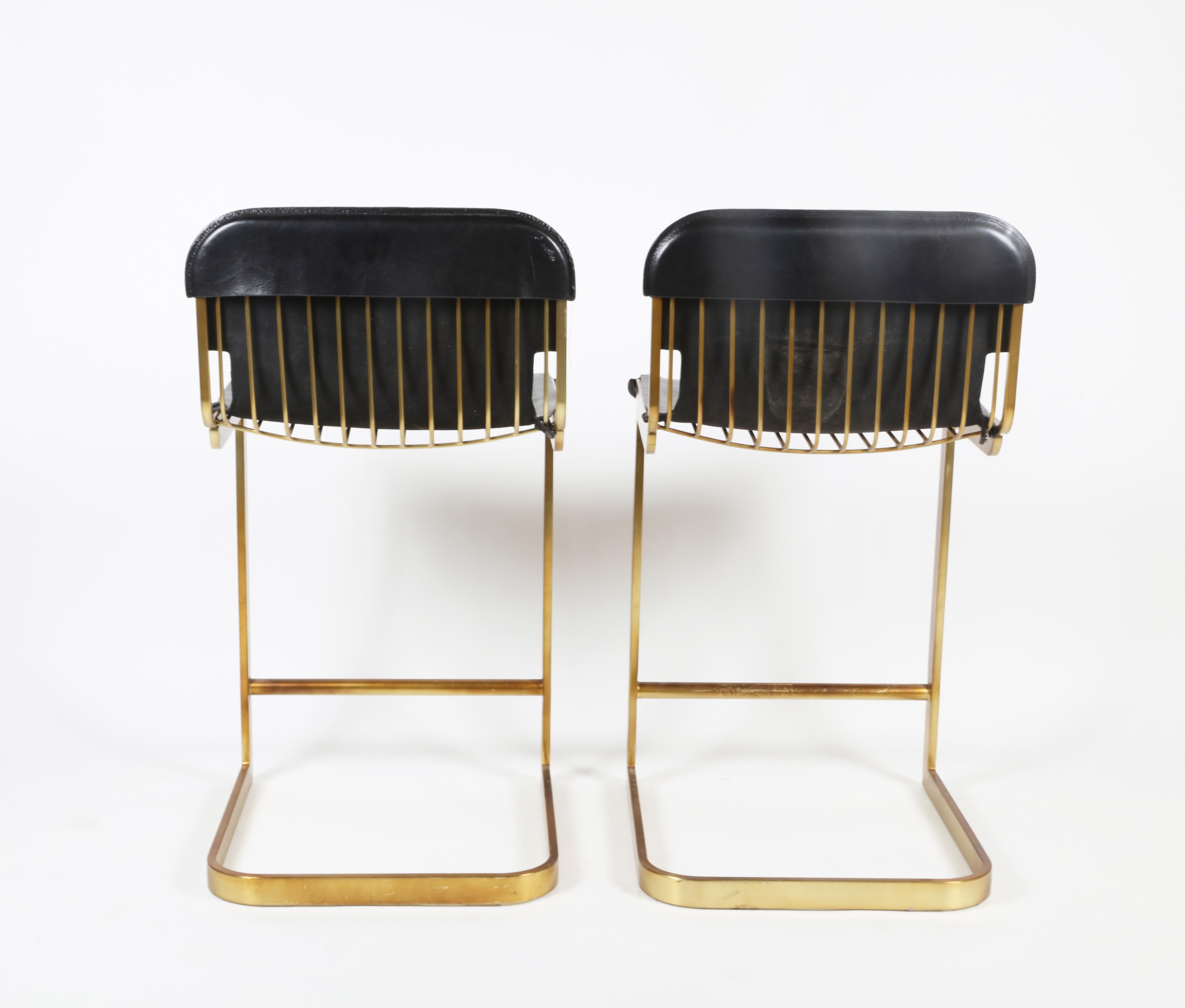 Pair of Brass and Pleather Bar Stools In Good Condition In Bridgehampton, NY