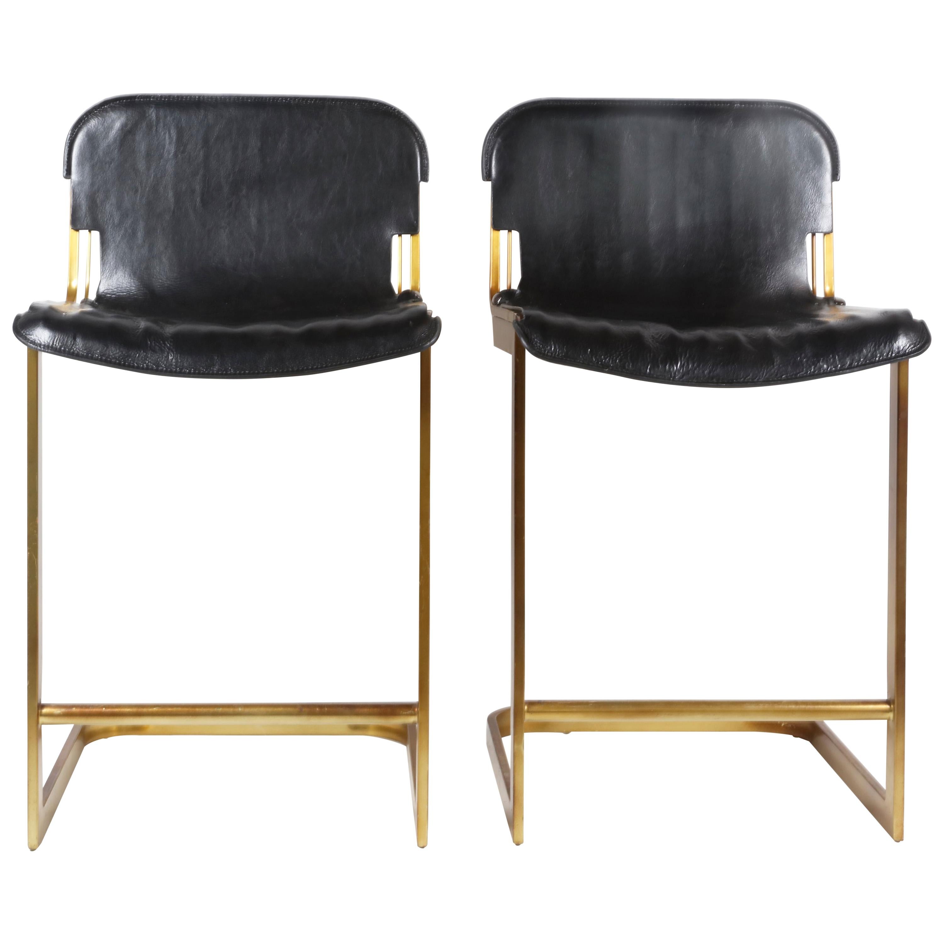 Pair of Brass and Pleather Bar Stools