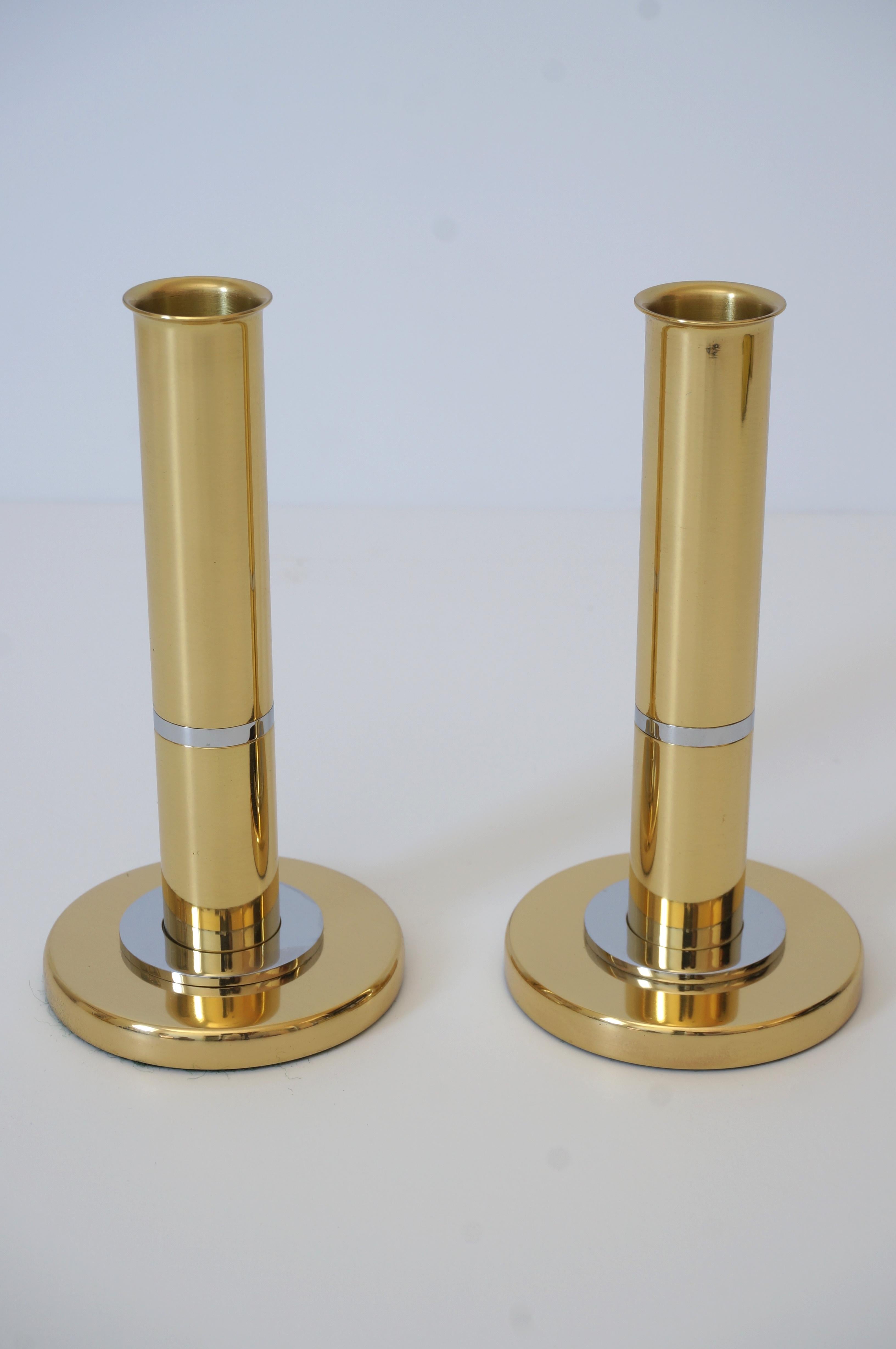 Modern Pair of Brass and Polished Steel Candlesticks Attributed to Karl Springer For Sale