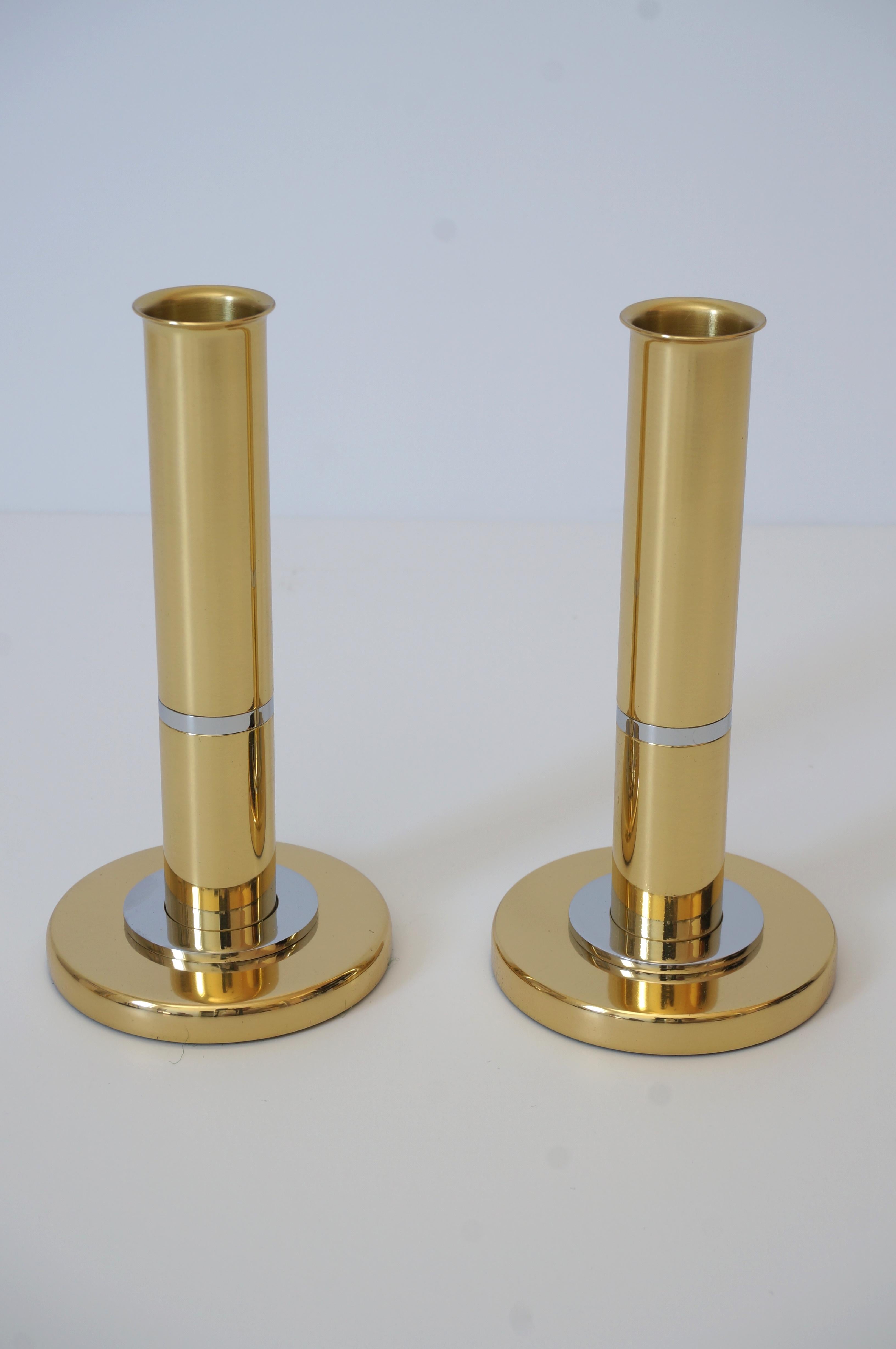 American Pair of Brass and Polished Steel Candlesticks Attributed to Karl Springer For Sale