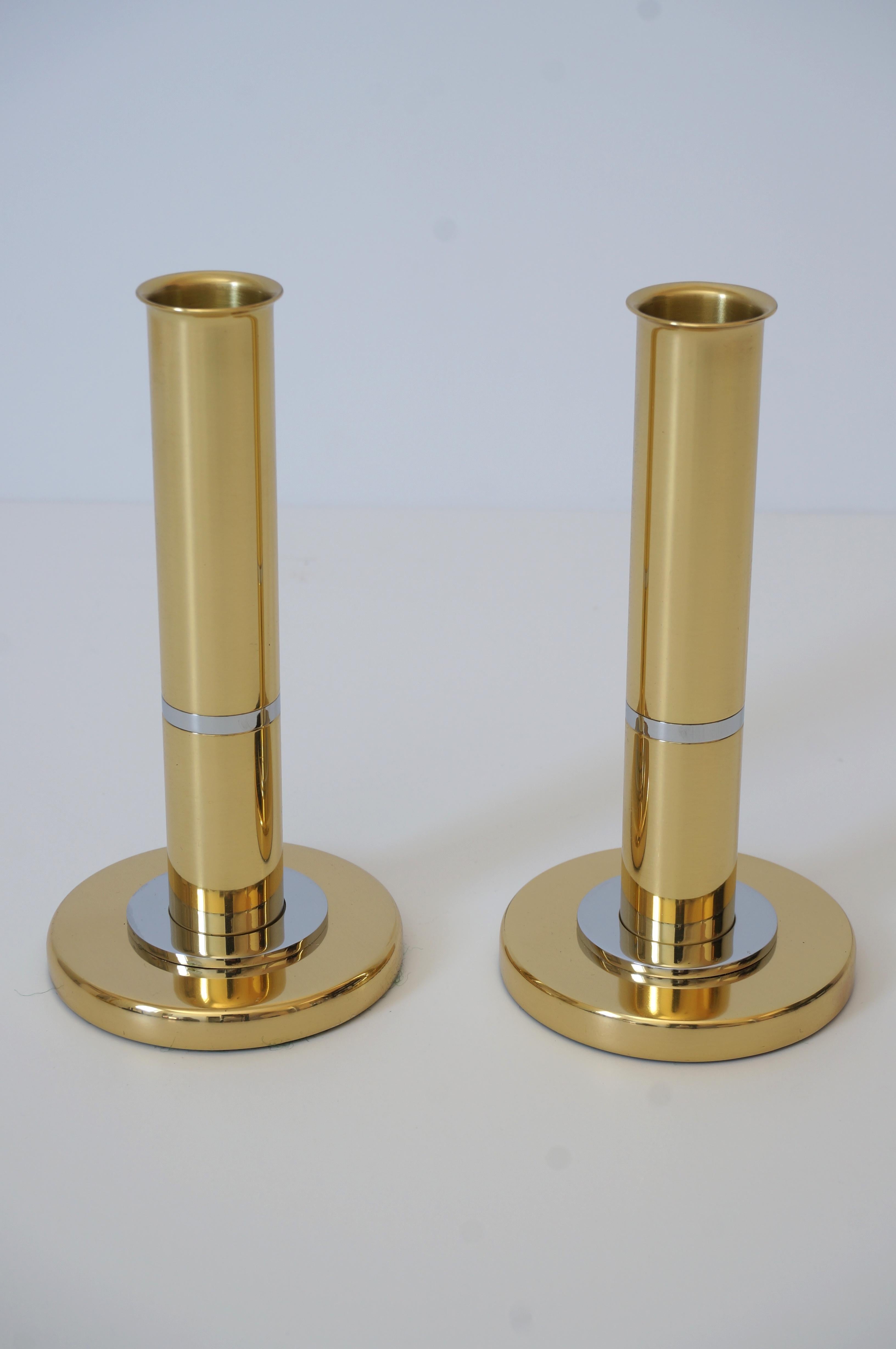 Lacquered Pair of Brass and Polished Steel Candlesticks Attributed to Karl Springer For Sale