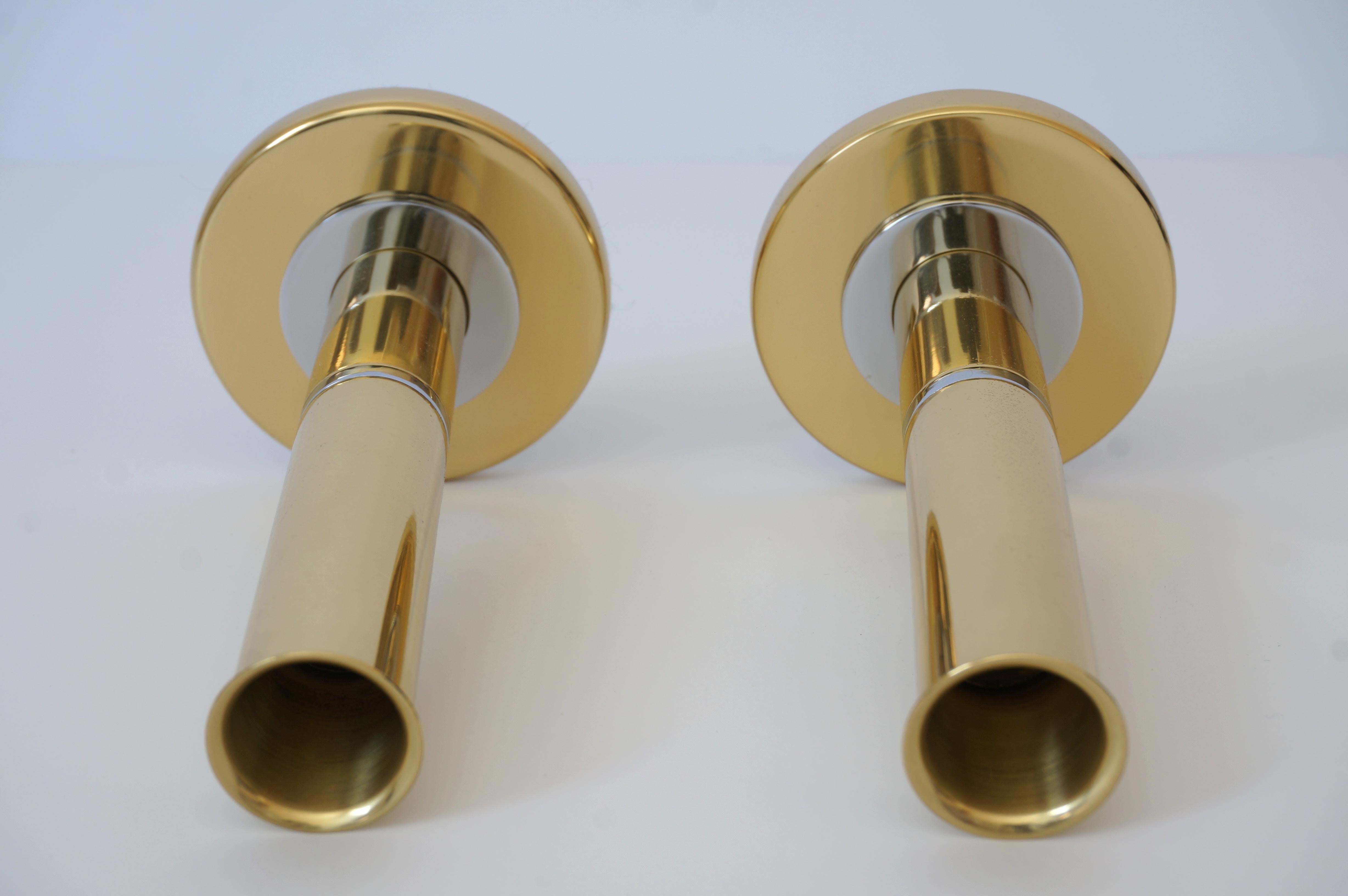Pair of Brass and Polished Steel Candlesticks Attributed to Karl Springer In Good Condition For Sale In West Palm Beach, FL