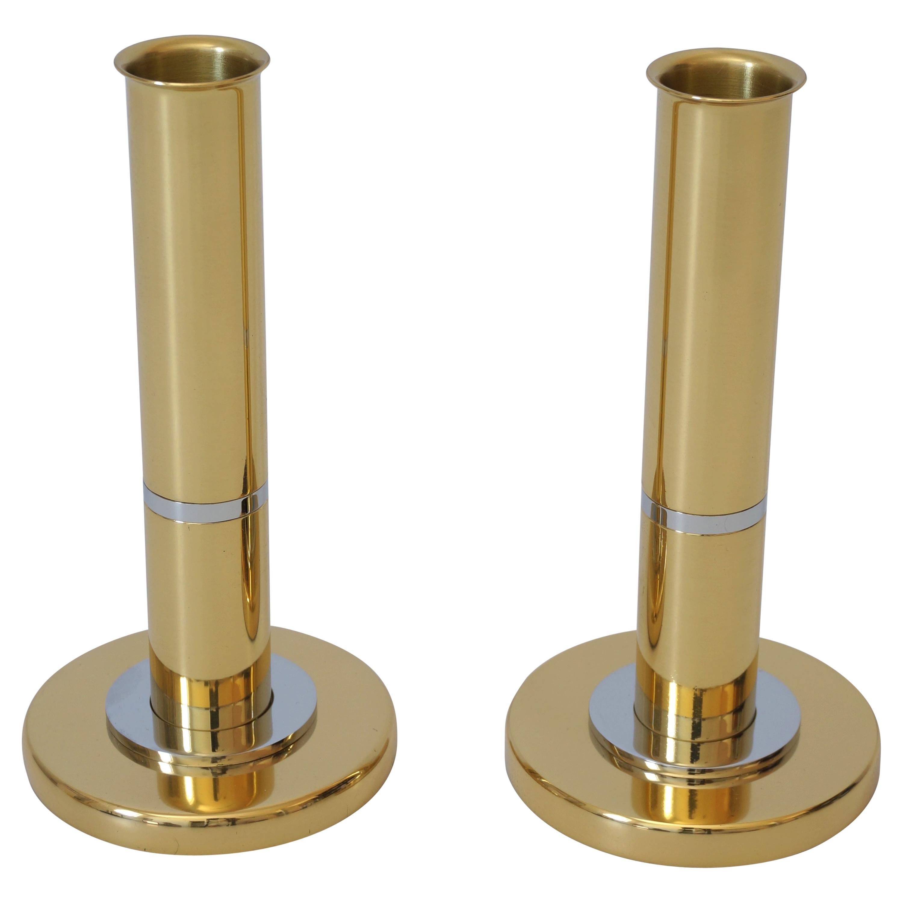 Pair of Brass and Polished Steel Candlesticks Attributed to Karl Springer