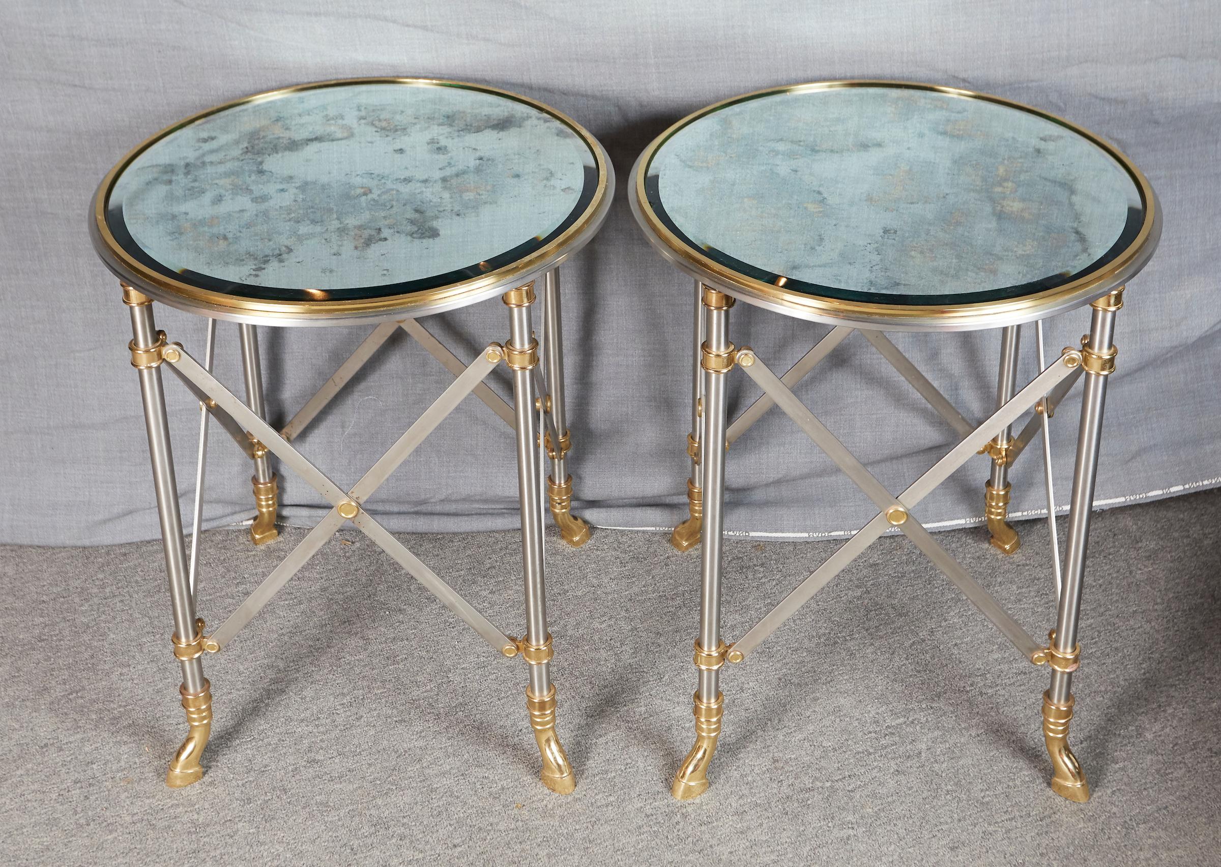 French Pair of Brass and Polished Steel Side Tables by Maison Jansen