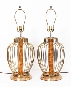Pair Of Brass and Rattan Wrapped Lamps