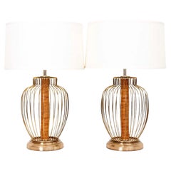 Pair Of Brass and Rattan Wrapped Lamps