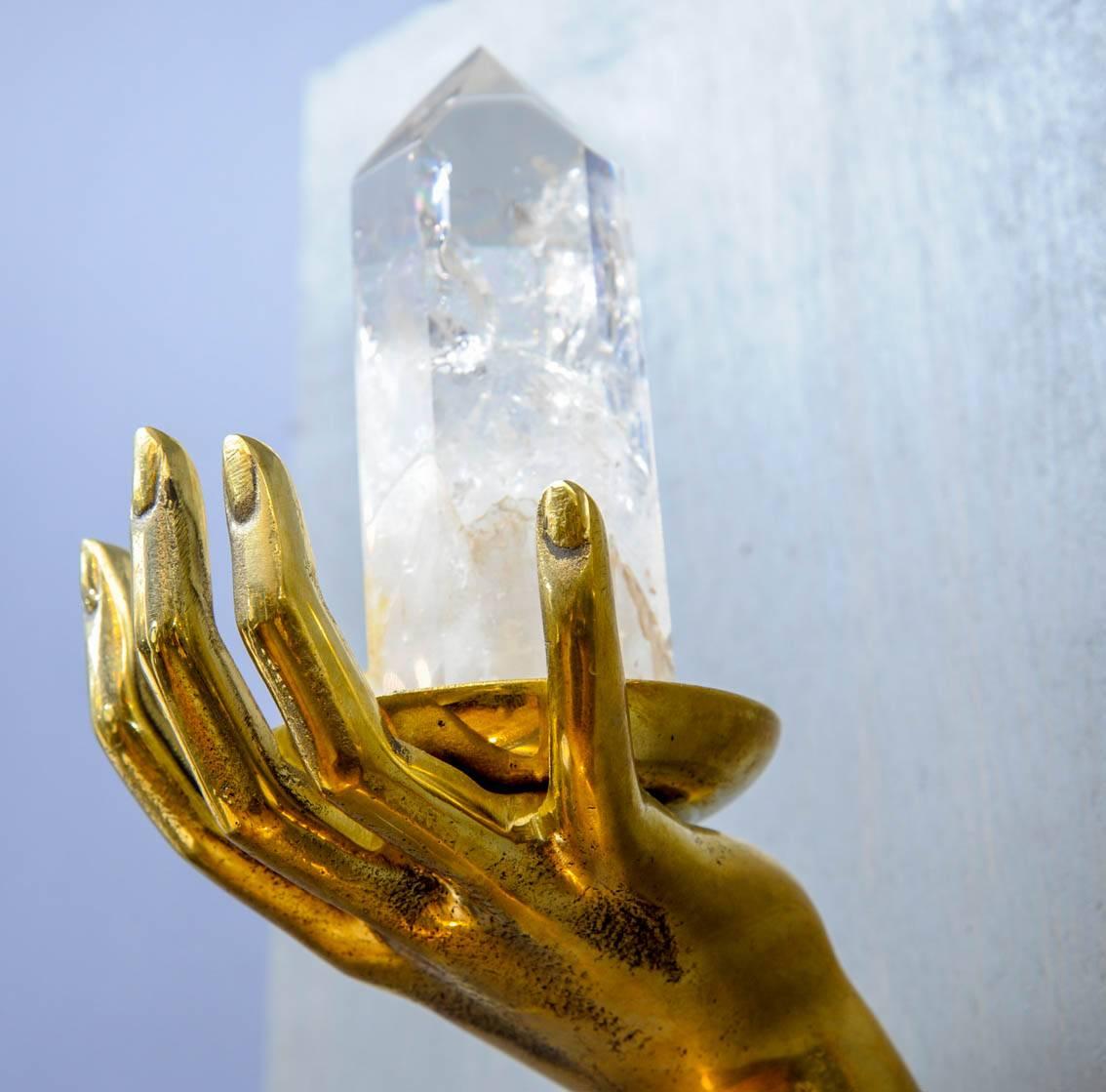 Contemporary Pair of Brass and Rock Crystal Wall Sculptures