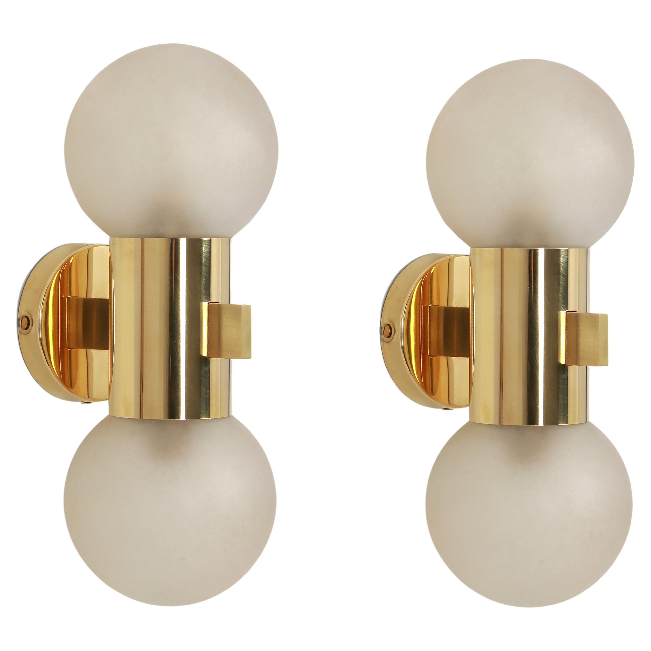 Pair of Brass and Satin Glass Sconces, Sciolari Stil, Germany, 1970s For Sale