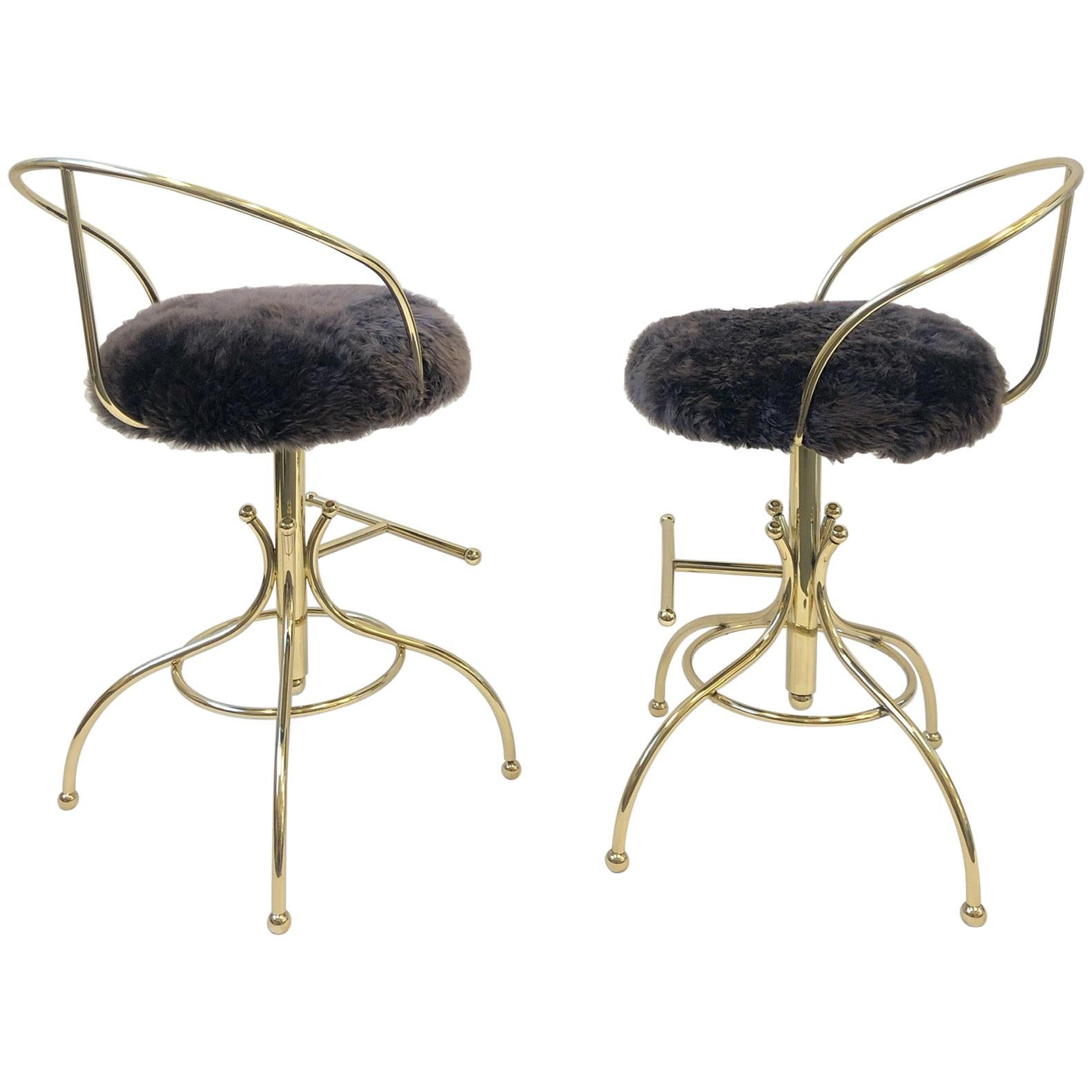 Pair of Brass and Sheepskin Swivel Barstools by Charles Hollis Jones