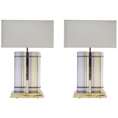 Pair of Brass and Sheets of Colored Murano Glass Table Lamps