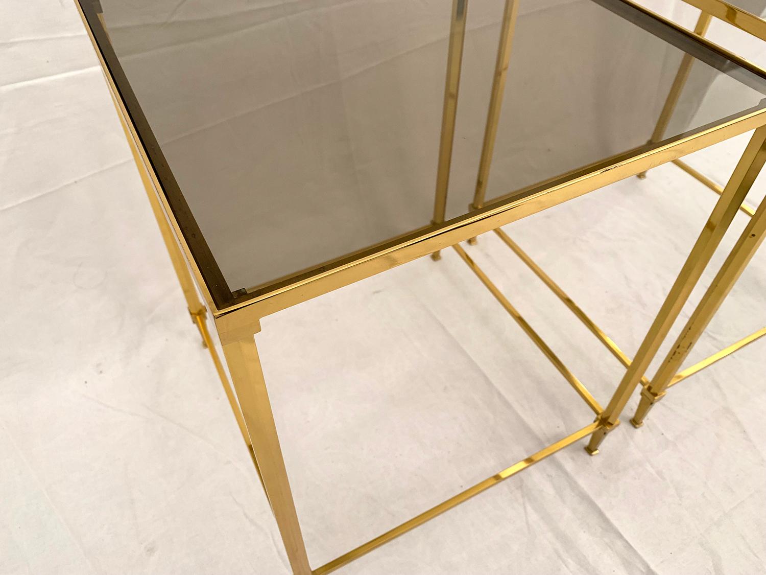 European Pair of Brass and Smoked Glass End Tables For Sale
